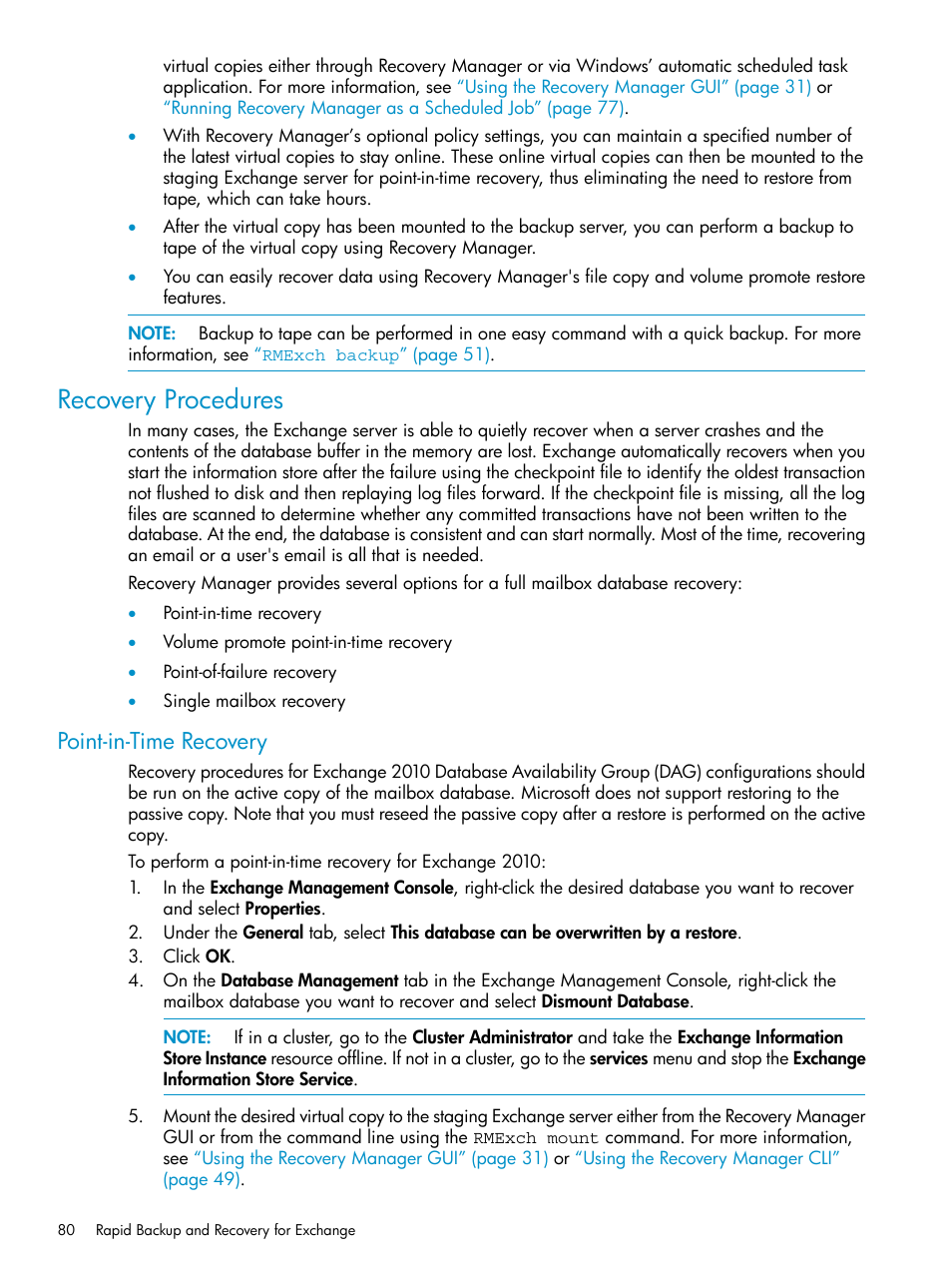 Recovery procedures, Point-in-time recovery | HP 3PAR Application Software Suite for Microsoft Exchange Licenses User Manual | Page 80 / 111