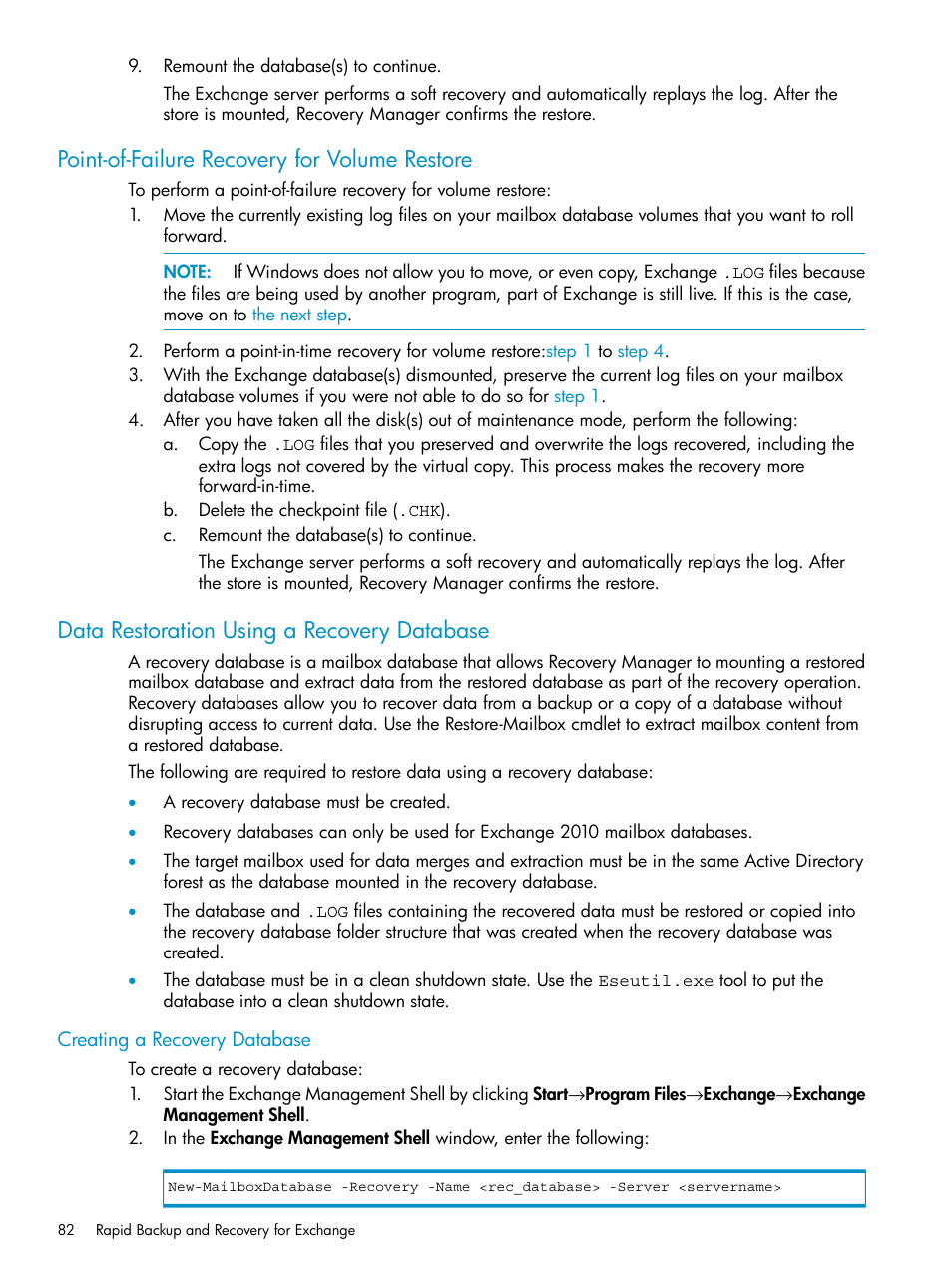 Point-of-failure recovery for volume restore, Data restoration using a recovery database, Creating a recovery database | HP 3PAR Application Software Suite for Microsoft Exchange Licenses User Manual | Page 82 / 111