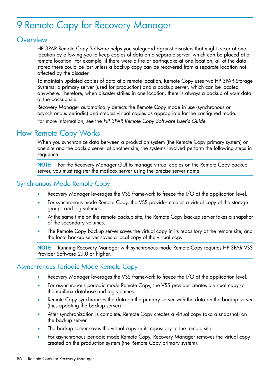 9 remote copy for recovery manager, Overview, How remote copy works | Synchronous mode remote copy, Asynchronous periodic mode remote copy, Overview how remote copy works | HP 3PAR Application Software Suite for Microsoft Exchange Licenses User Manual | Page 86 / 111