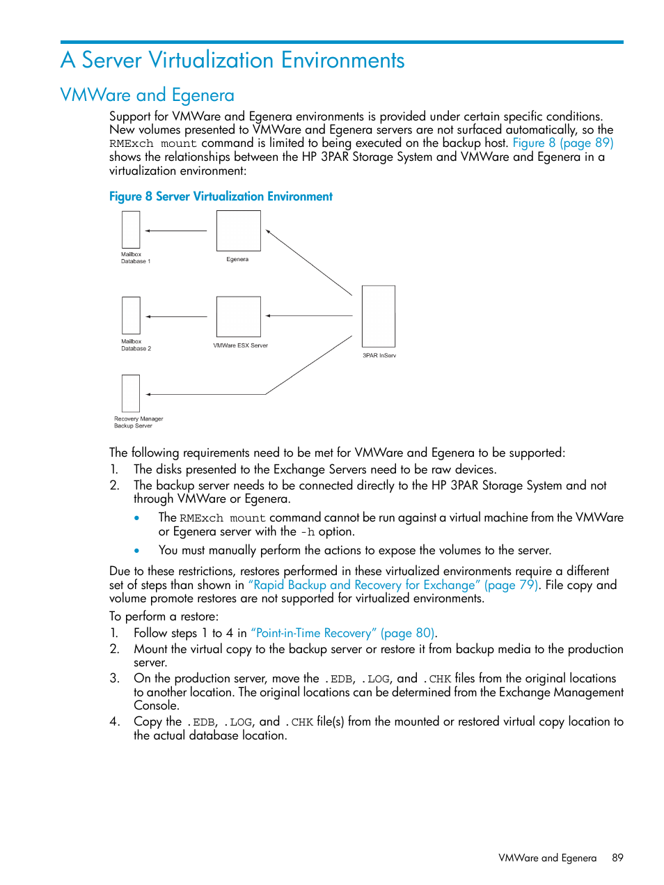 A server virtualization environments, Vmware and egenera | HP 3PAR Application Software Suite for Microsoft Exchange Licenses User Manual | Page 89 / 111