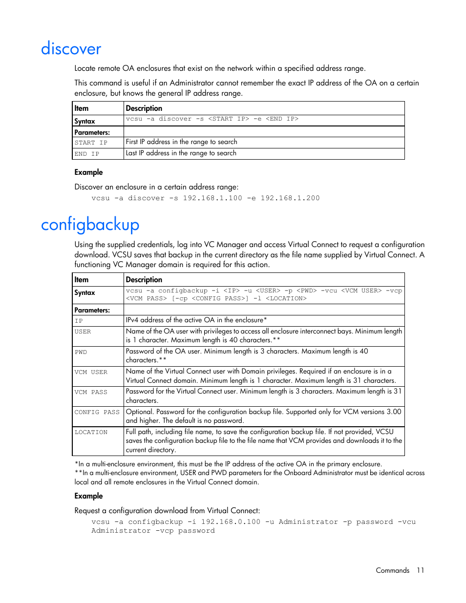 Discover, Configbackup | HP Virtual Connect 4Gb Fibre Channel Module for c-Class BladeSystem User Manual | Page 11 / 21