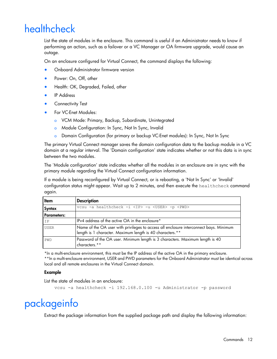 Healthcheck, Packageinfo | HP Virtual Connect 4Gb Fibre Channel Module for c-Class BladeSystem User Manual | Page 12 / 21