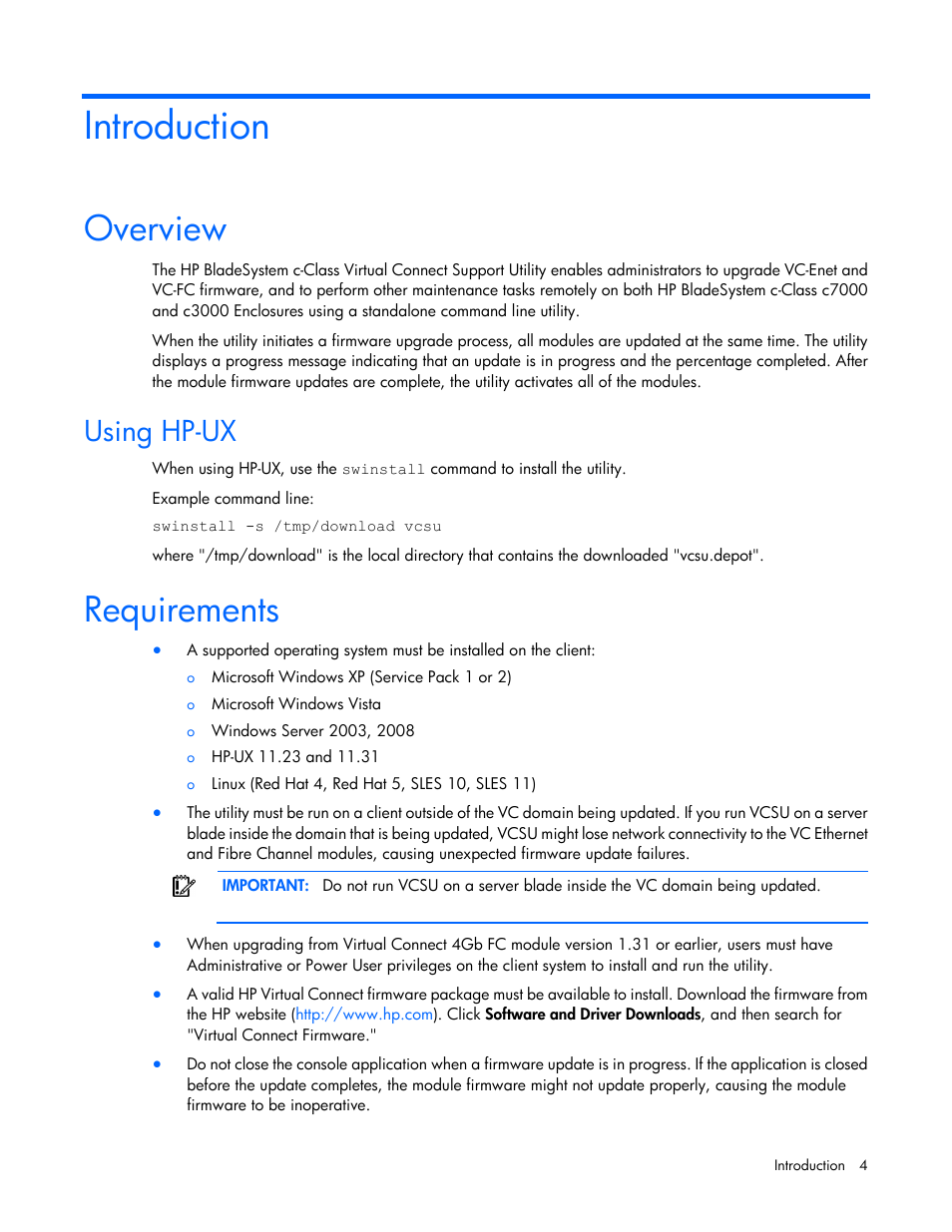 Introduction, Overview, Using hp-ux | Requirements | HP Virtual Connect 4Gb Fibre Channel Module for c-Class BladeSystem User Manual | Page 4 / 21