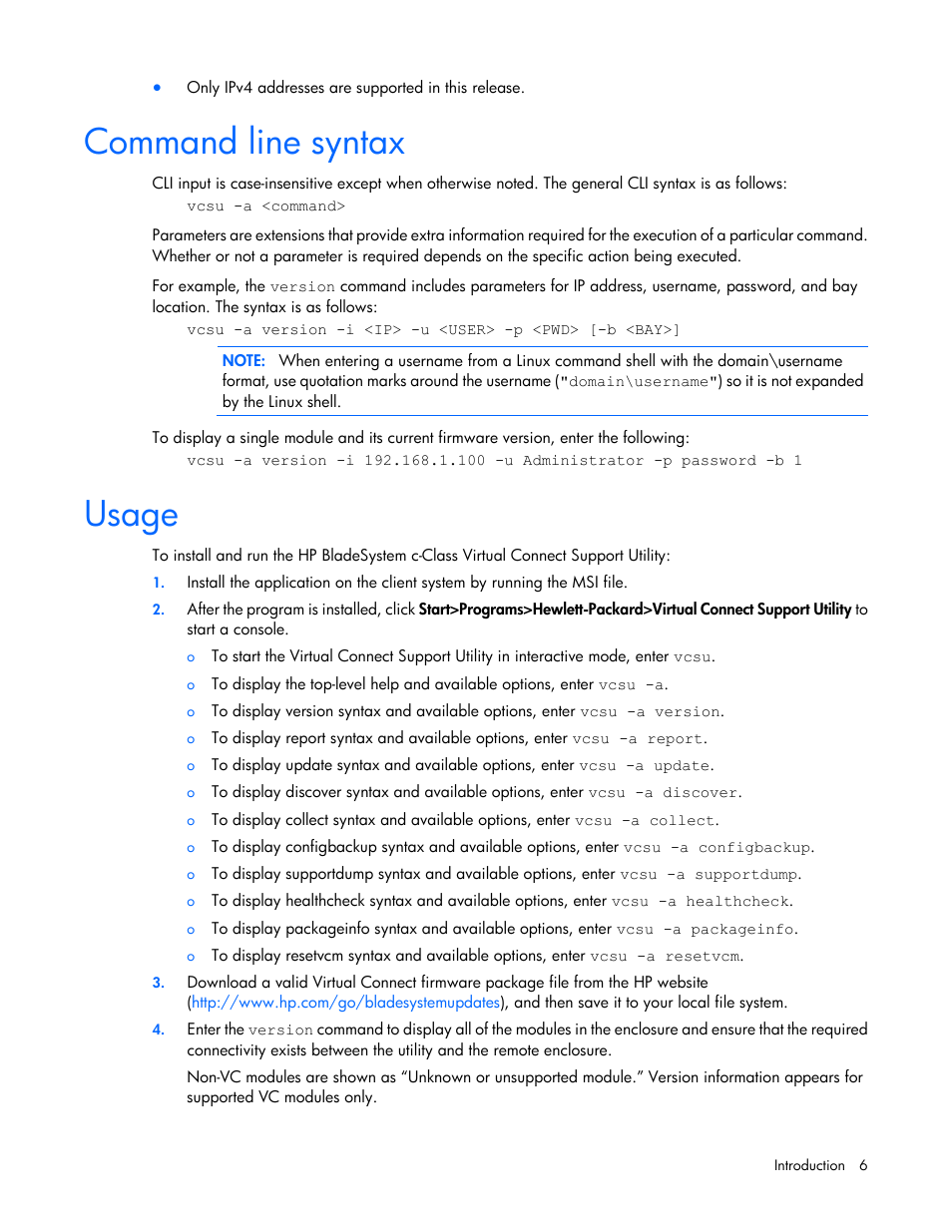 Command line syntax, Usage | HP Virtual Connect 4Gb Fibre Channel Module for c-Class BladeSystem User Manual | Page 6 / 21