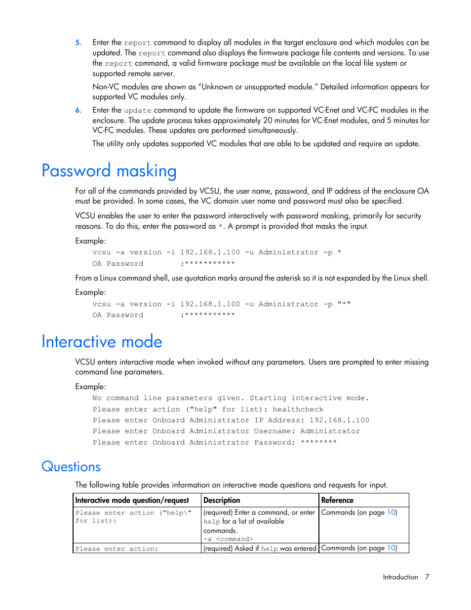 Password masking, Interactive mode, Questions | HP Virtual Connect 4Gb Fibre Channel Module for c-Class BladeSystem User Manual | Page 7 / 21