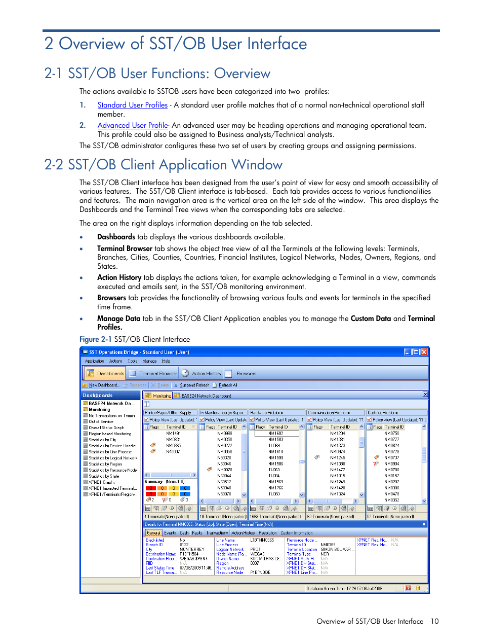 Chapter 2: overview of sst/ob user interface, Sst/ob user functions: overview, Sst/ob client application window | 2 overview of sst/ob user interface, 1 sst/ob user functions: overview, 2 sst/ob client application window | HP Integrity NonStop J-Series User Manual | Page 10 / 89