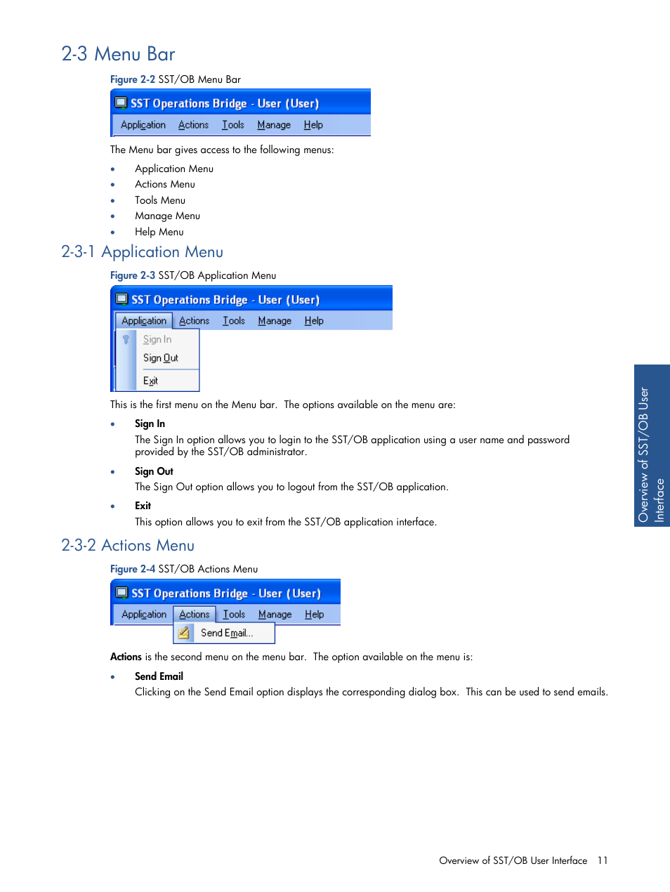 Menu bar, Application menu, Actions menu | 3 menu bar, 3-1 application menu, 3-2 actions menu | HP Integrity NonStop J-Series User Manual | Page 11 / 89