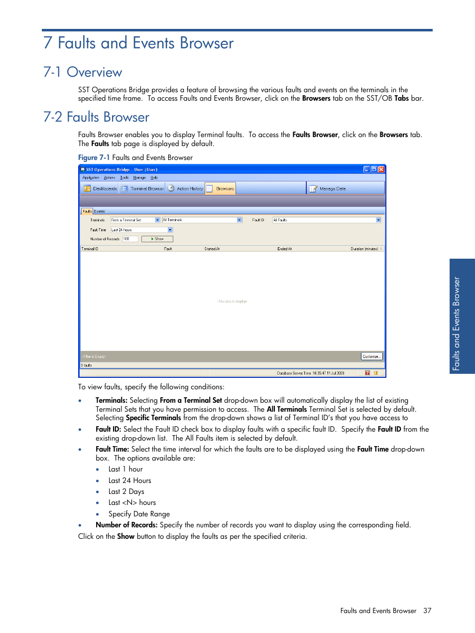 Chapter 7: faults and events browser, Overview, Faults browser | 7 faults and events browser, 1 overview, 2 faults browser | HP Integrity NonStop J-Series User Manual | Page 37 / 89
