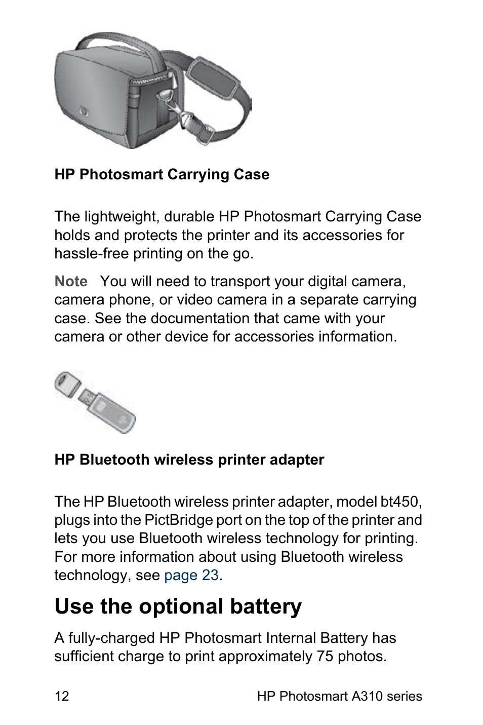 Use the optional battery | HP Photosmart A310 Compact Photo Printer User Manual | Page 16 / 86