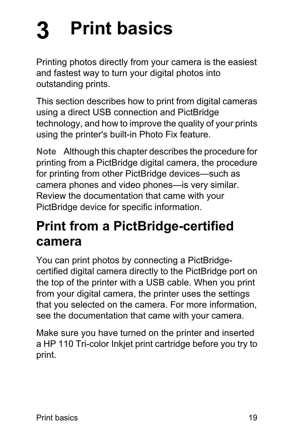 Print basics, Print from a pictbridge-certified camera | HP Photosmart A310 Compact Photo Printer User Manual | Page 23 / 86