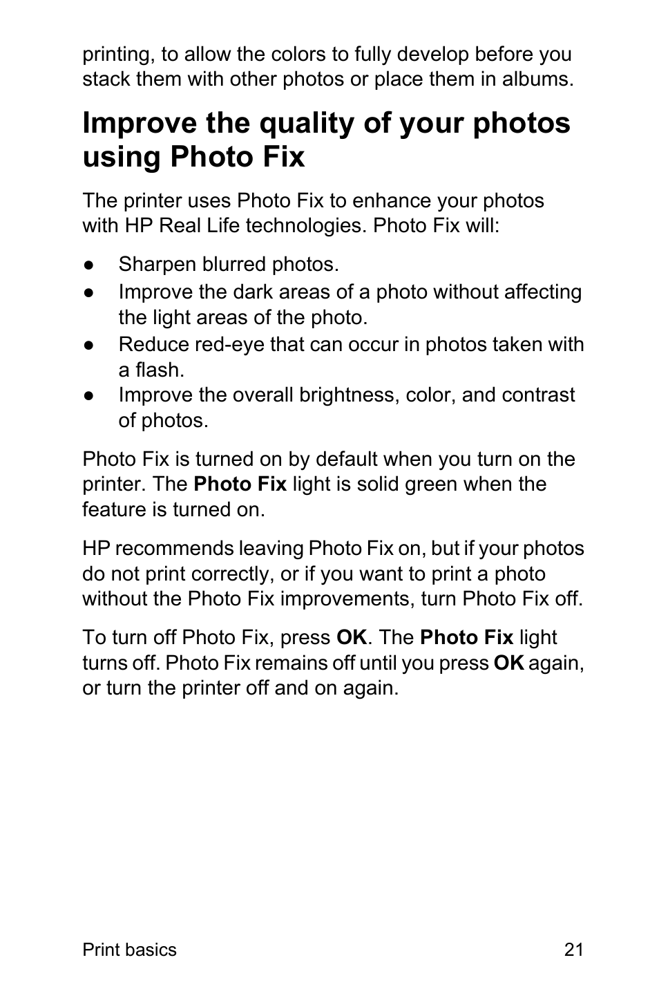 Improve the quality of your photos using photo fix | HP Photosmart A310 Compact Photo Printer User Manual | Page 25 / 86