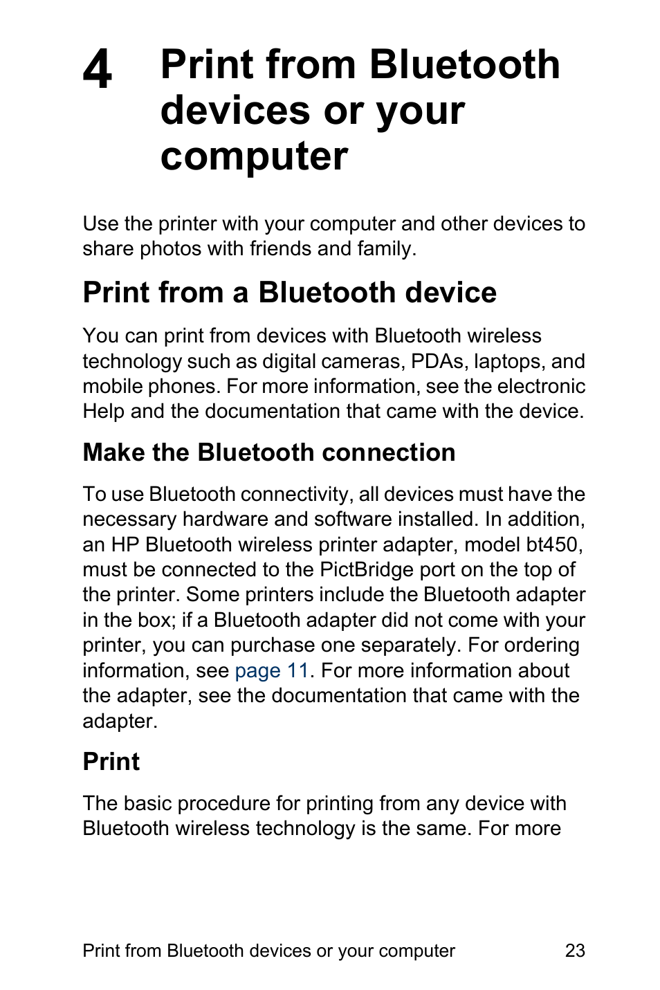 Print from bluetooth devices or your computer, Print from a bluetooth device, Make the bluetooth connection | Print, Make the bluetooth connection print | HP Photosmart A310 Compact Photo Printer User Manual | Page 27 / 86