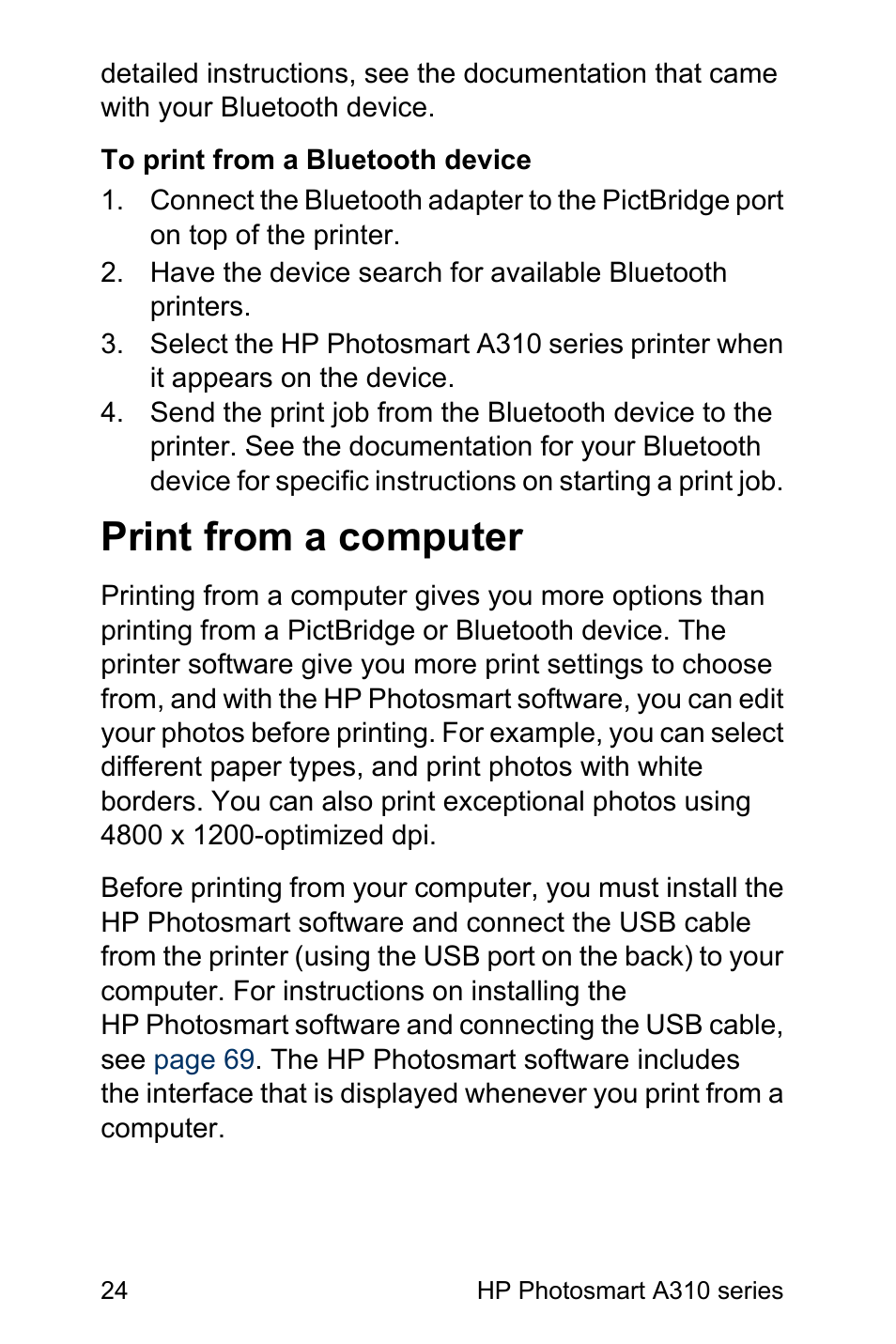 Print from a computer | HP Photosmart A310 Compact Photo Printer User Manual | Page 28 / 86