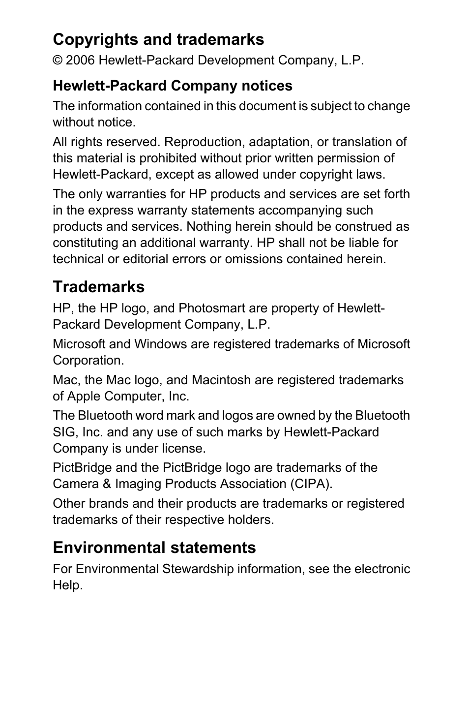 Copyrights and trademarks, Trademarks, Environmental statements | HP Photosmart A310 Compact Photo Printer User Manual | Page 3 / 86