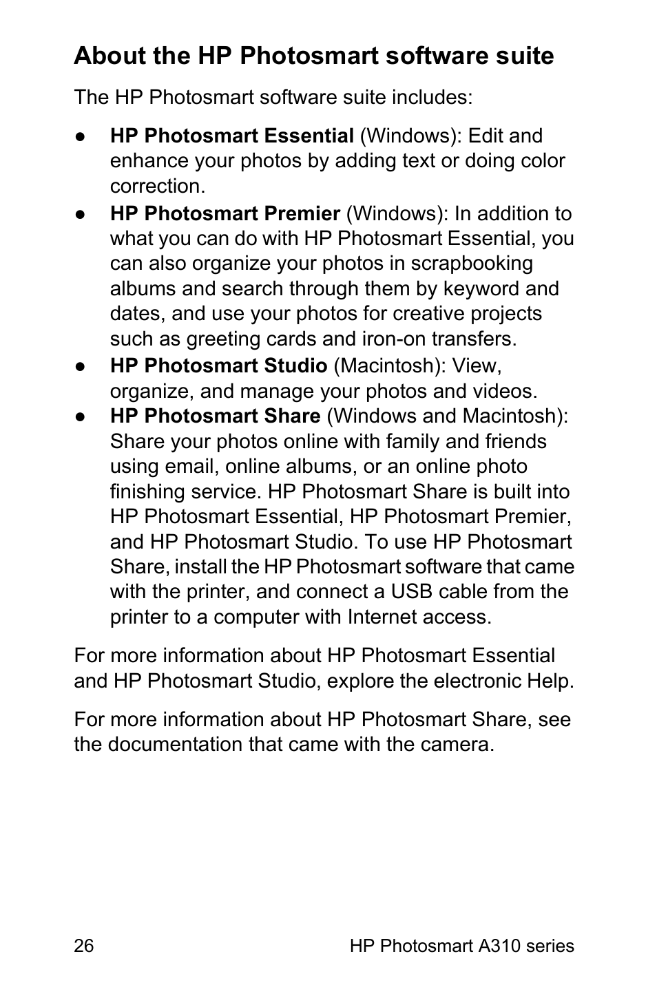 About the hp photosmart software suite | HP Photosmart A310 Compact Photo Printer User Manual | Page 30 / 86