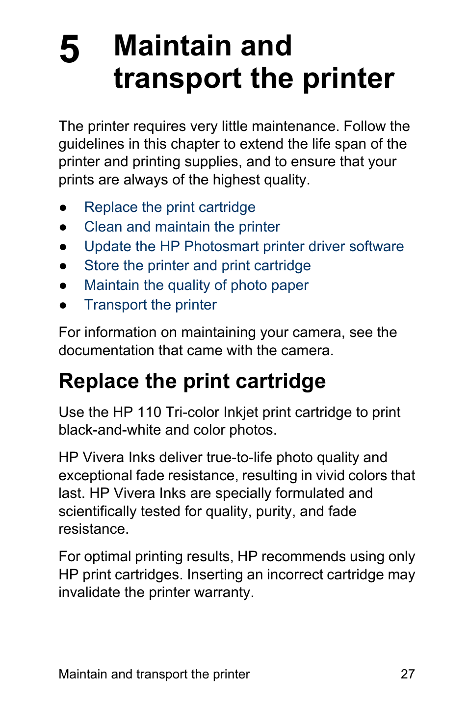 Maintain and transport the printer, Replace the print cartridge | HP Photosmart A310 Compact Photo Printer User Manual | Page 31 / 86