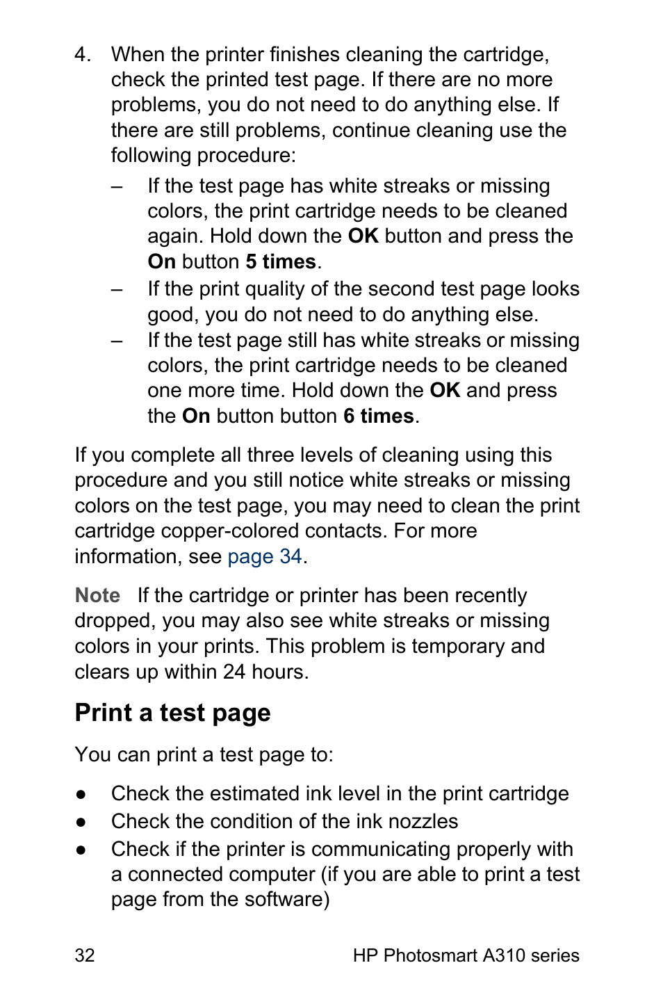 Print a test page | HP Photosmart A310 Compact Photo Printer User Manual | Page 36 / 86