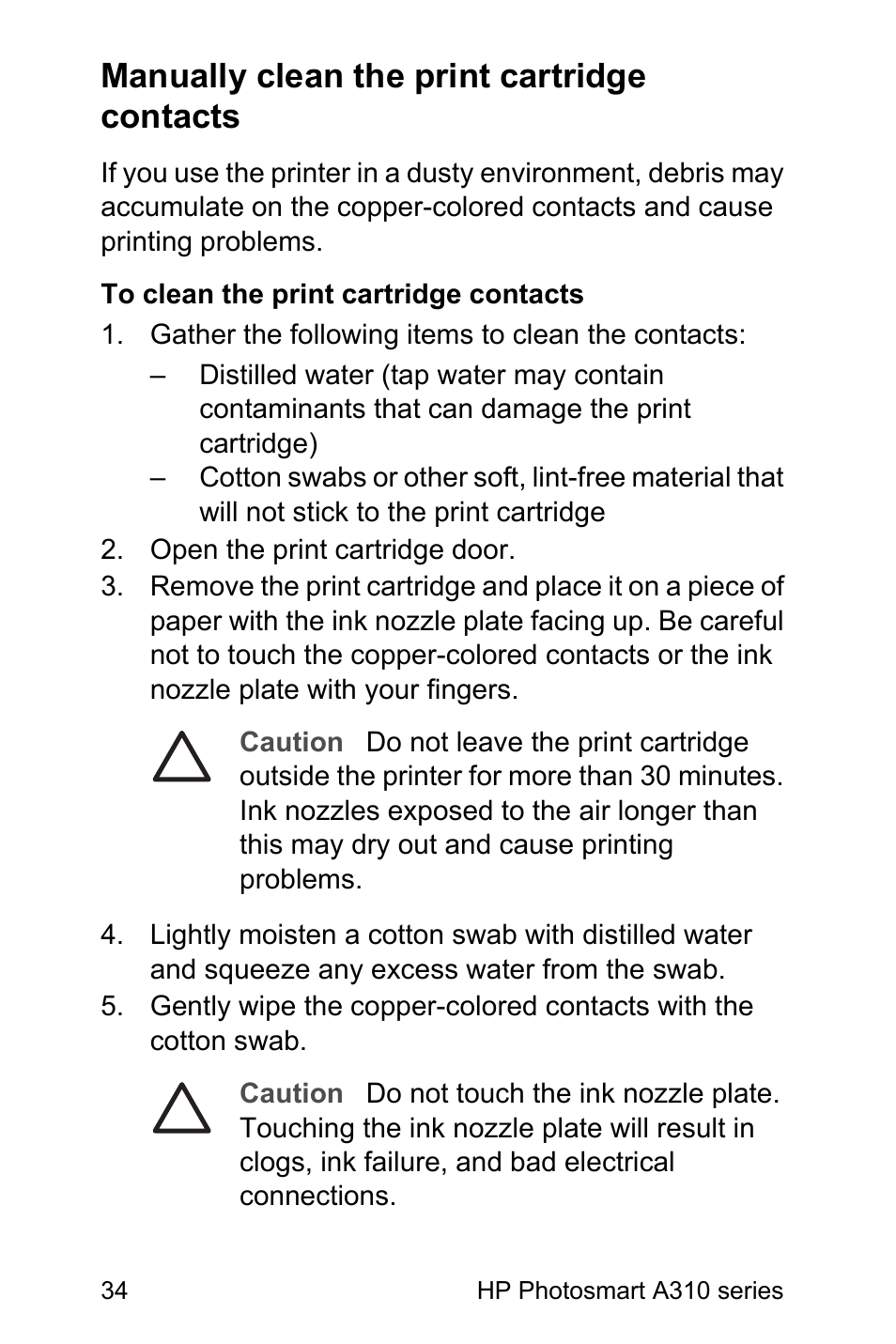 Manually clean the print cartridge contacts | HP Photosmart A310 Compact Photo Printer User Manual | Page 38 / 86