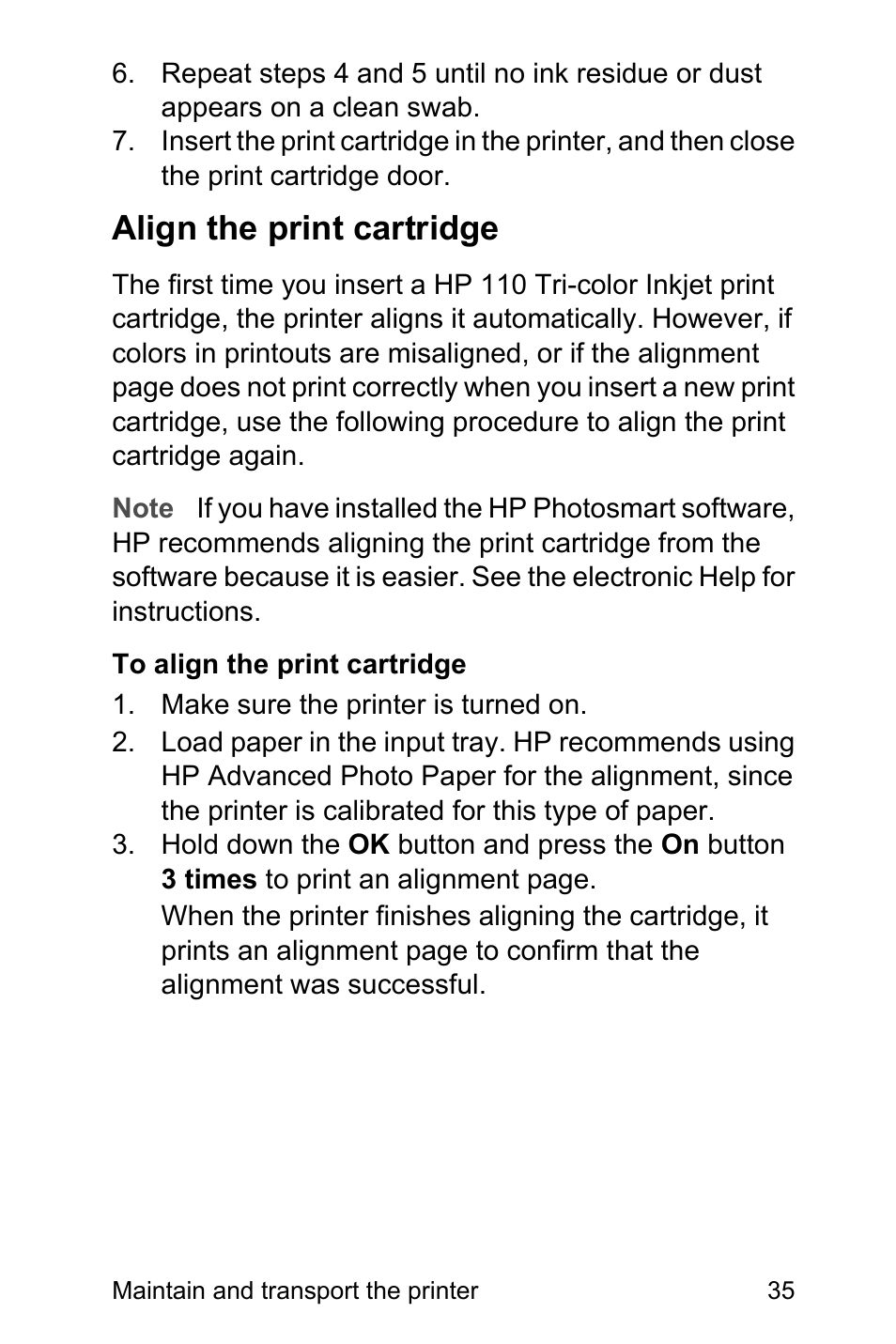 Align the print cartridge | HP Photosmart A310 Compact Photo Printer User Manual | Page 39 / 86