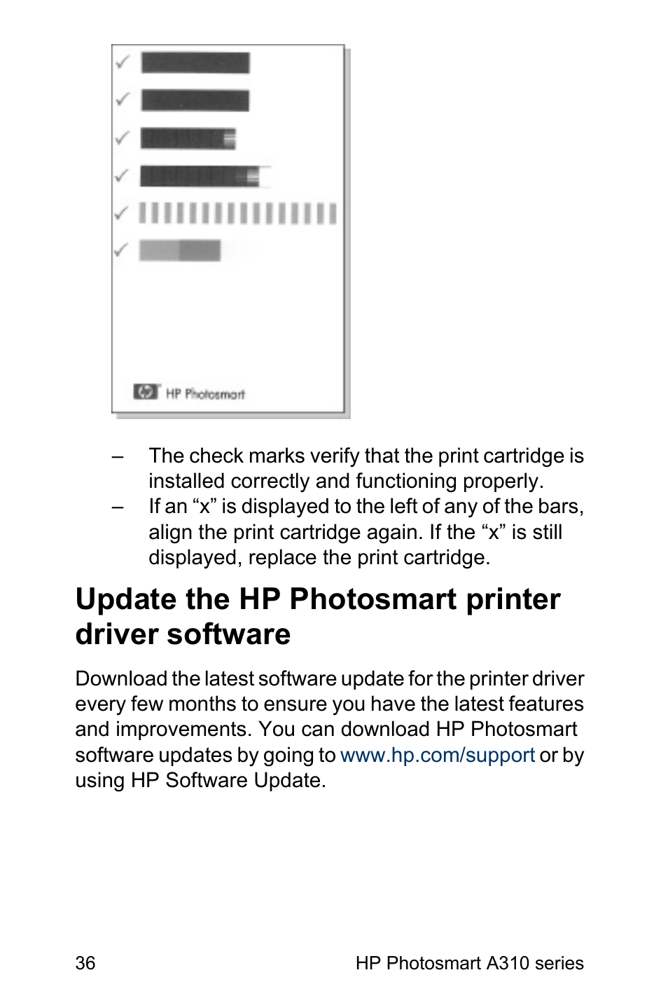 Update the hp photosmart printer driver software | HP Photosmart A310 Compact Photo Printer User Manual | Page 40 / 86