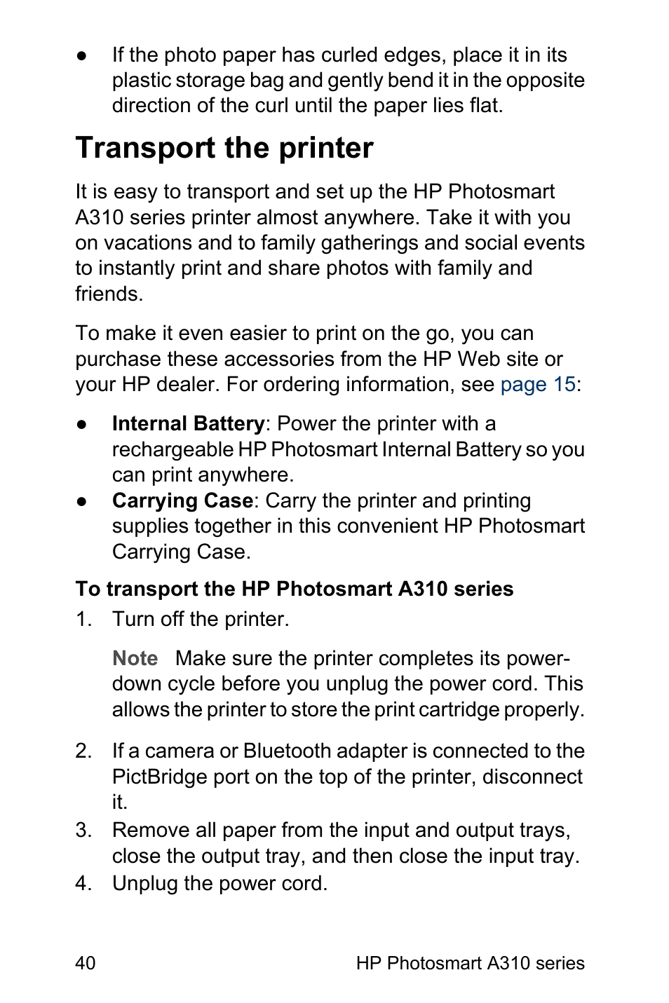 Transport the printer | HP Photosmart A310 Compact Photo Printer User Manual | Page 44 / 86