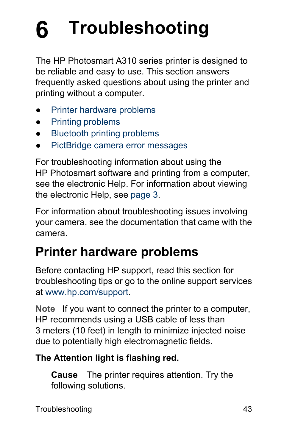 Troubleshooting, Printer hardware problems, Troubleshooting printer hardware problems | Rmation, see | HP Photosmart A310 Compact Photo Printer User Manual | Page 47 / 86