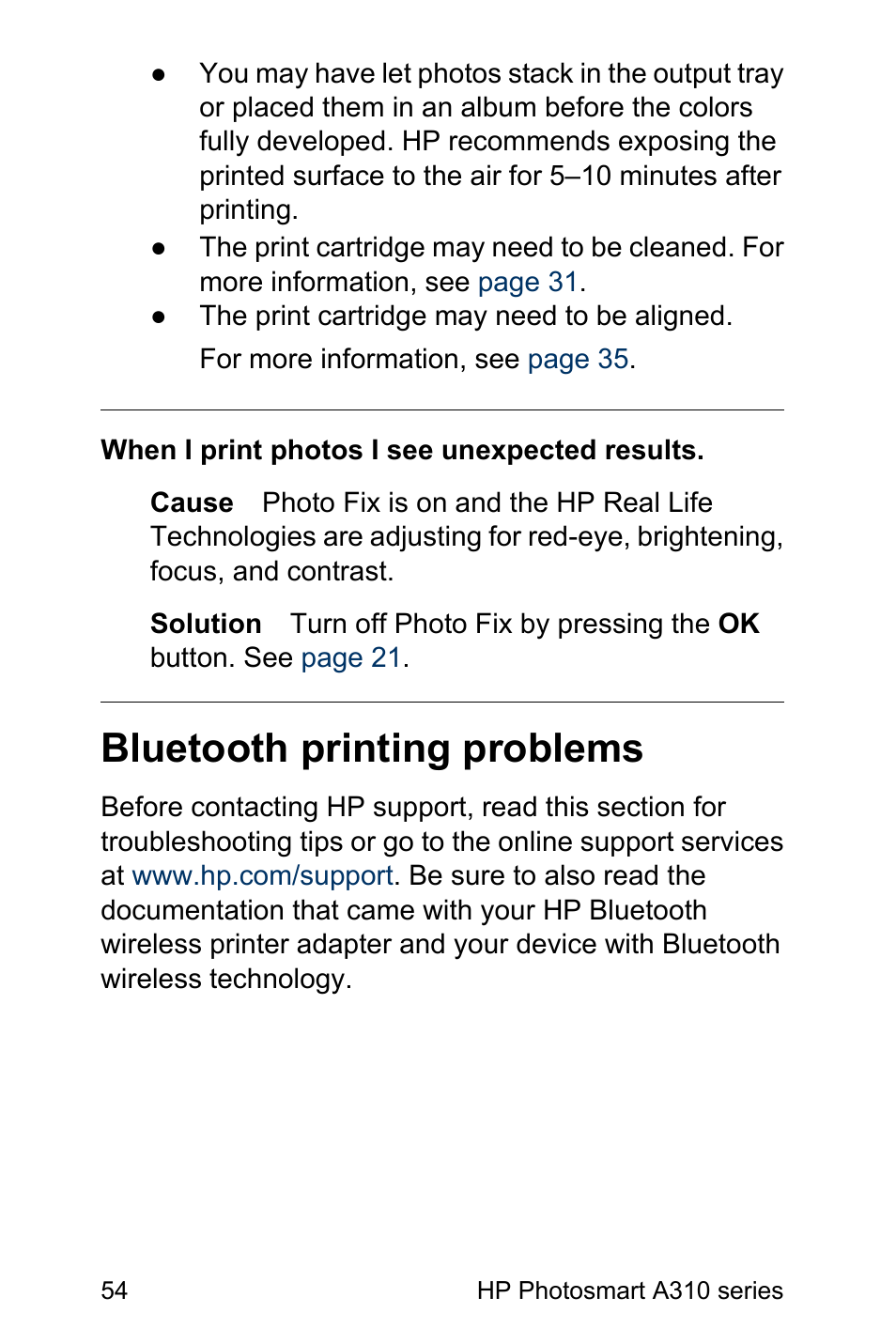 Bluetooth printing problems | HP Photosmart A310 Compact Photo Printer User Manual | Page 58 / 86