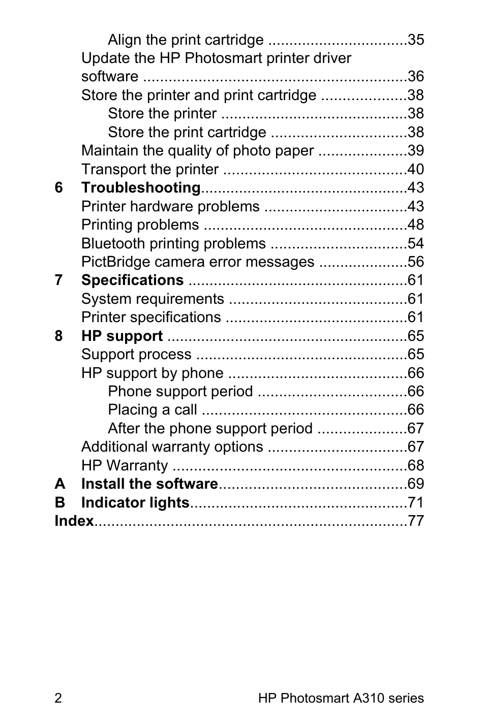 HP Photosmart A310 Compact Photo Printer User Manual | Page 6 / 86