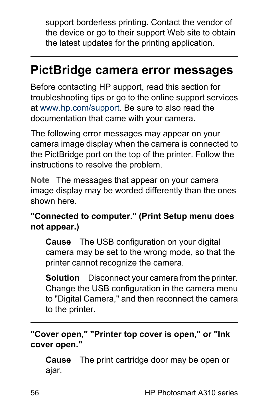 Pictbridge camera error messages | HP Photosmart A310 Compact Photo Printer User Manual | Page 60 / 86