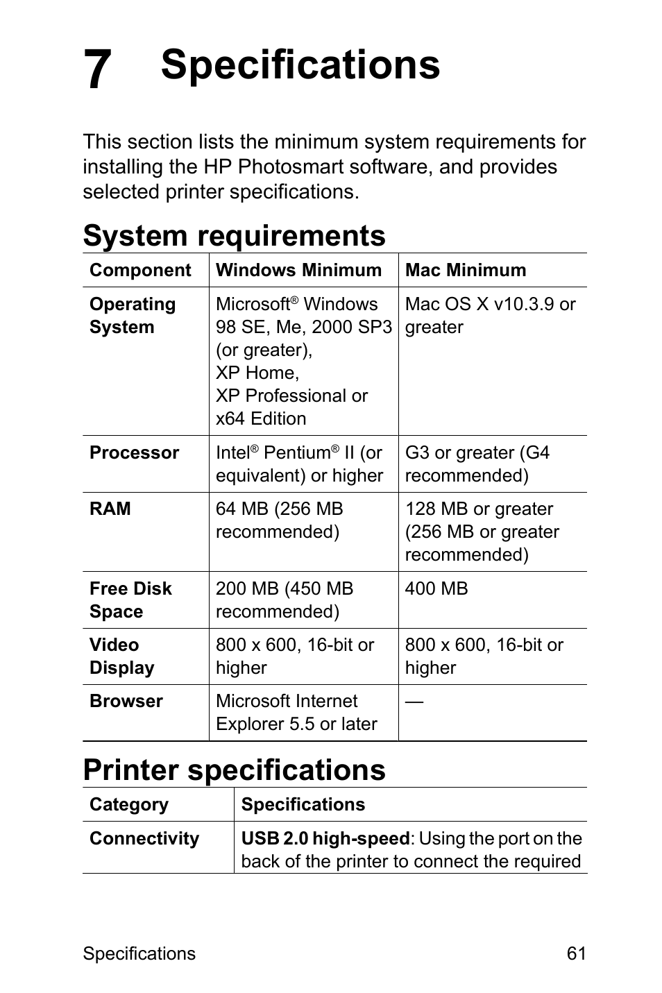 Specifications, System requirements, Printer specifications | HP Photosmart A310 Compact Photo Printer User Manual | Page 65 / 86