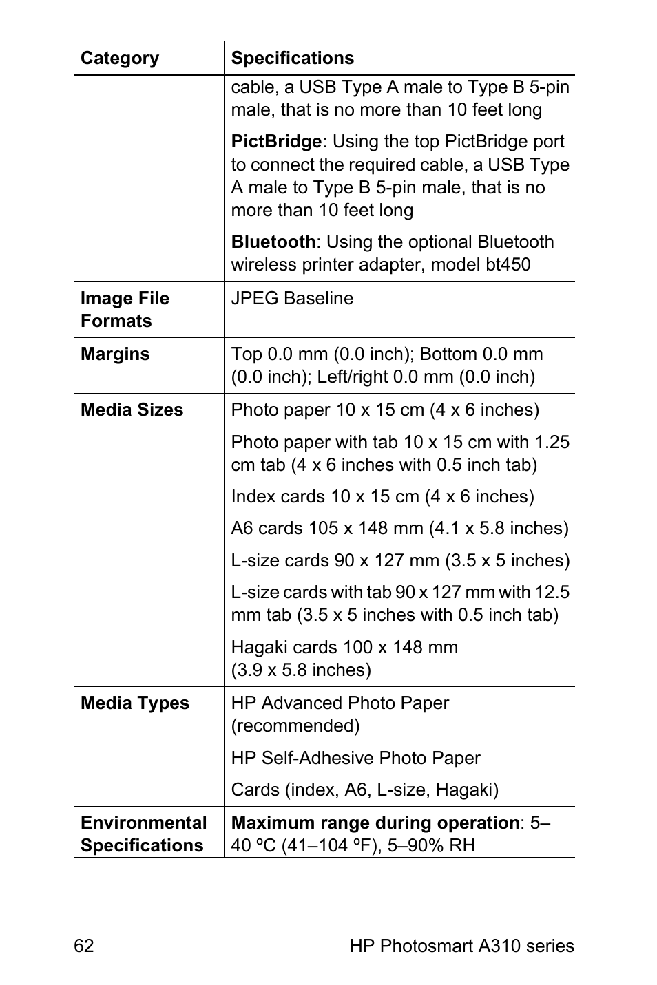 HP Photosmart A310 Compact Photo Printer User Manual | Page 66 / 86