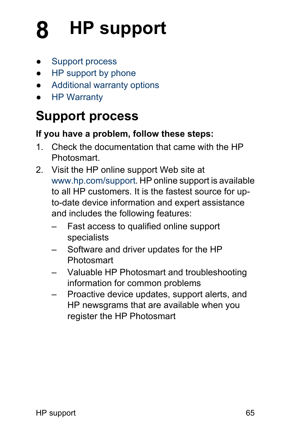 Hp support, Support process, Hp support support process | HP Photosmart A310 Compact Photo Printer User Manual | Page 69 / 86