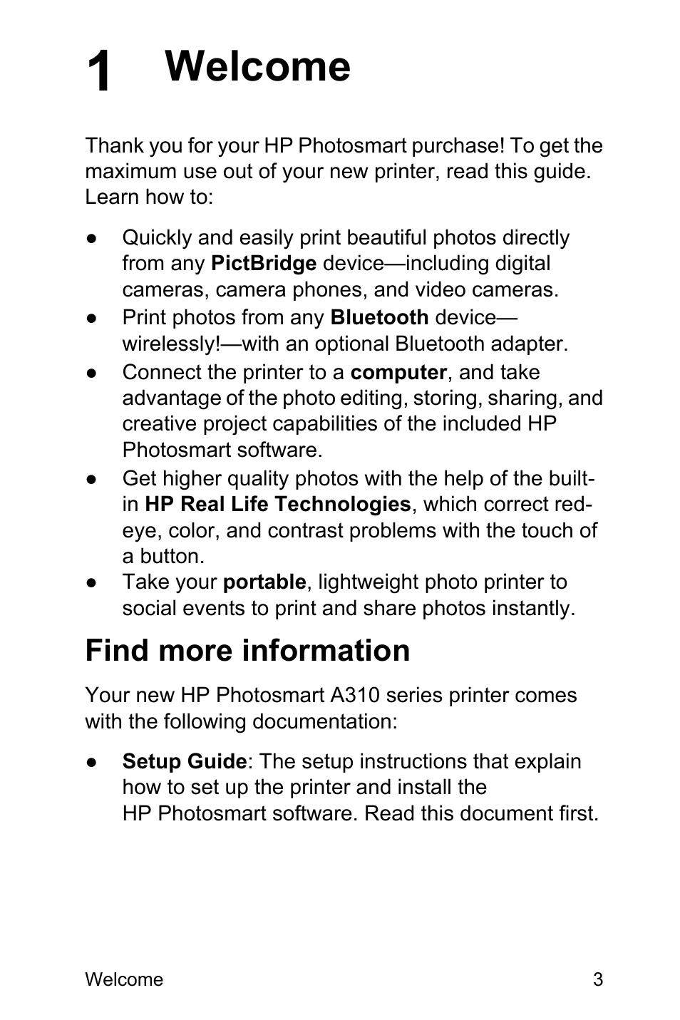 Welcome, Find more information, Welcome find more information | HP Photosmart A310 Compact Photo Printer User Manual | Page 7 / 86