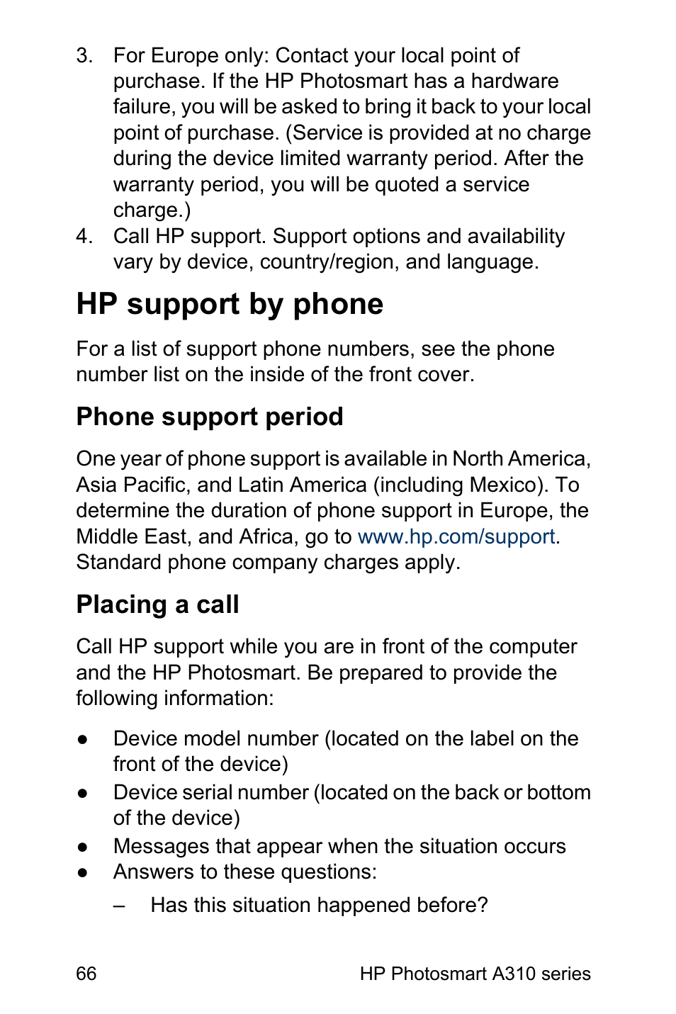 Hp support by phone, Phone support period, Placing a call | HP Photosmart A310 Compact Photo Printer User Manual | Page 70 / 86