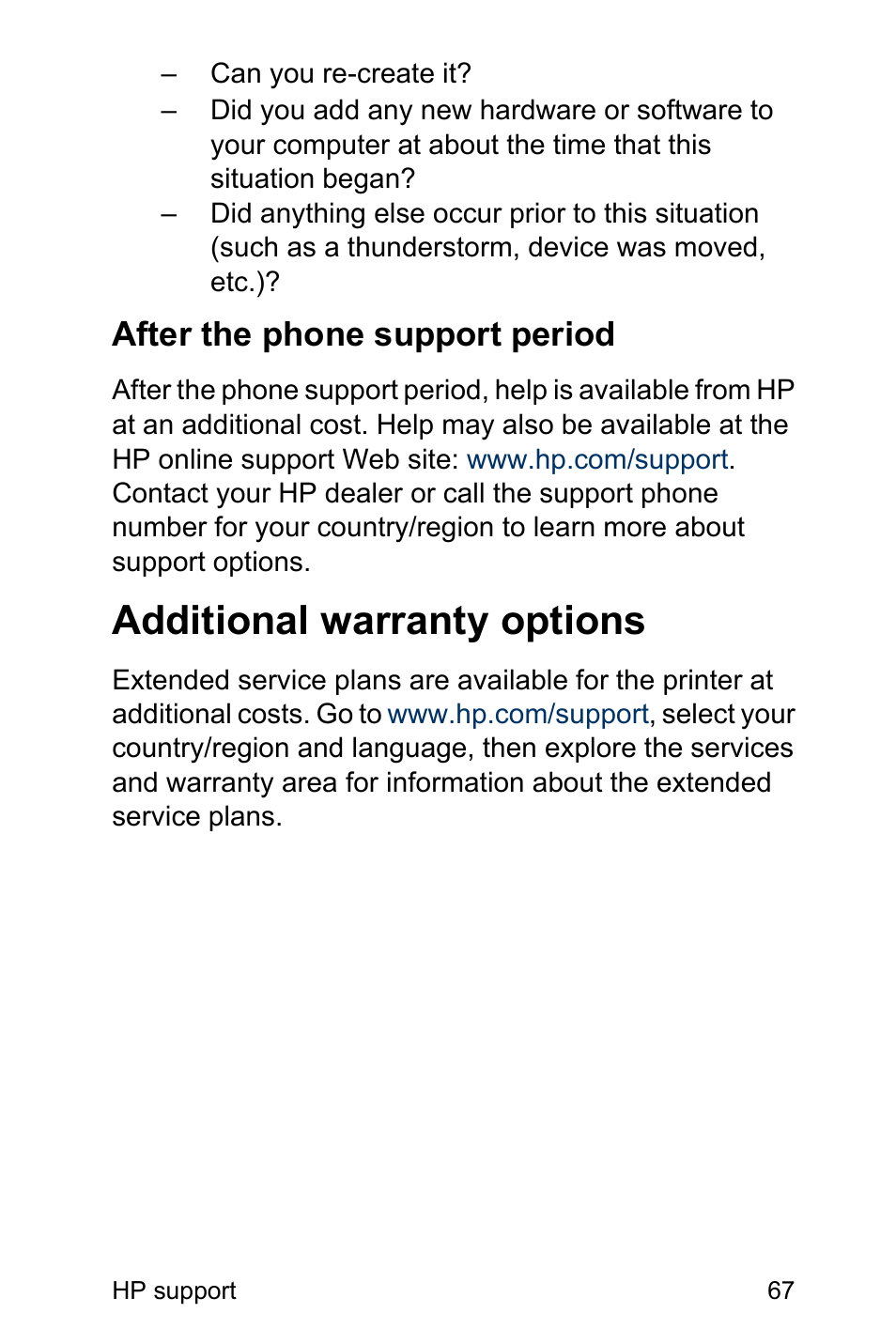 After the phone support period, Additional warranty options | HP Photosmart A310 Compact Photo Printer User Manual | Page 71 / 86