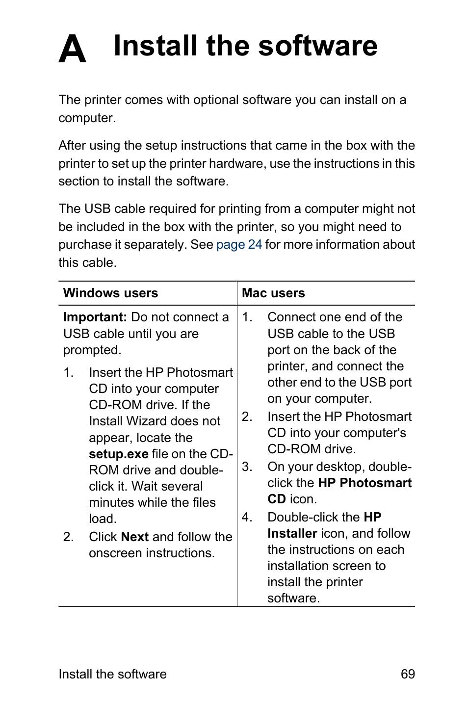 Install the software, A install the software | HP Photosmart A310 Compact Photo Printer User Manual | Page 73 / 86