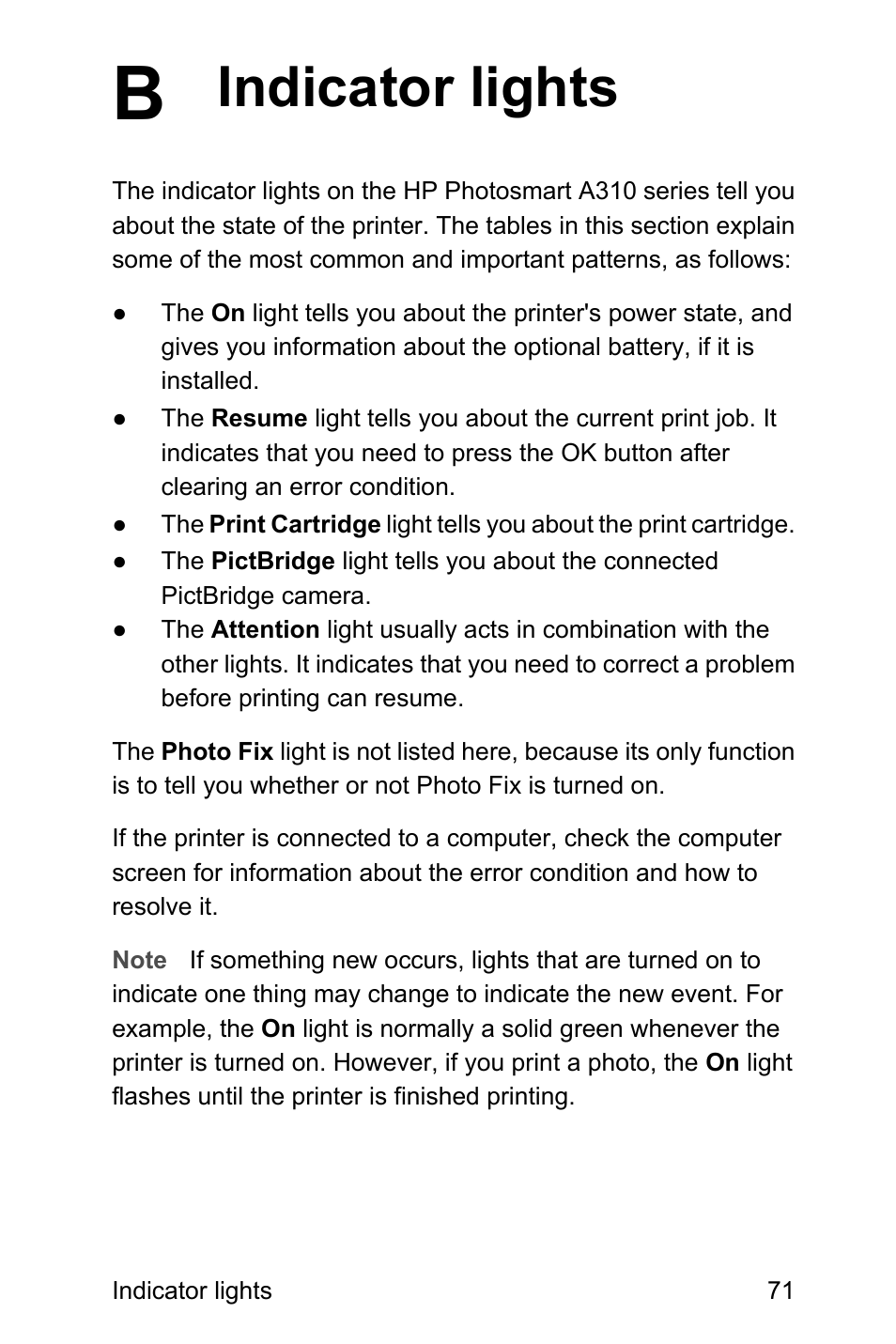 Indicator lights, B indicator lights | HP Photosmart A310 Compact Photo Printer User Manual | Page 75 / 86