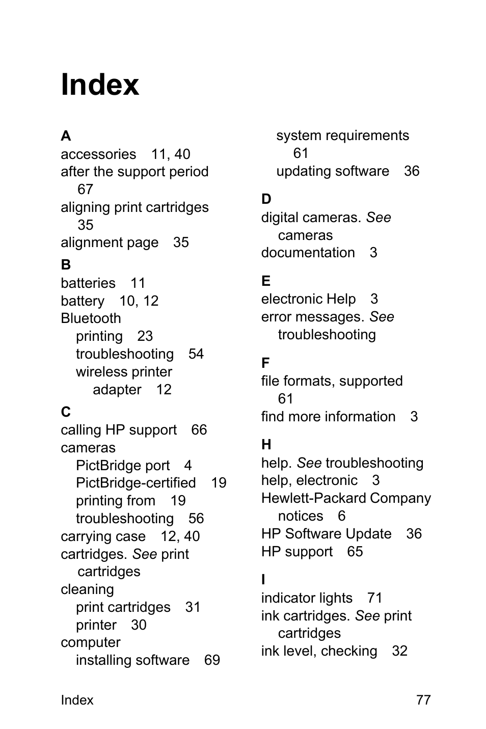 Index | HP Photosmart A310 Compact Photo Printer User Manual | Page 81 / 86