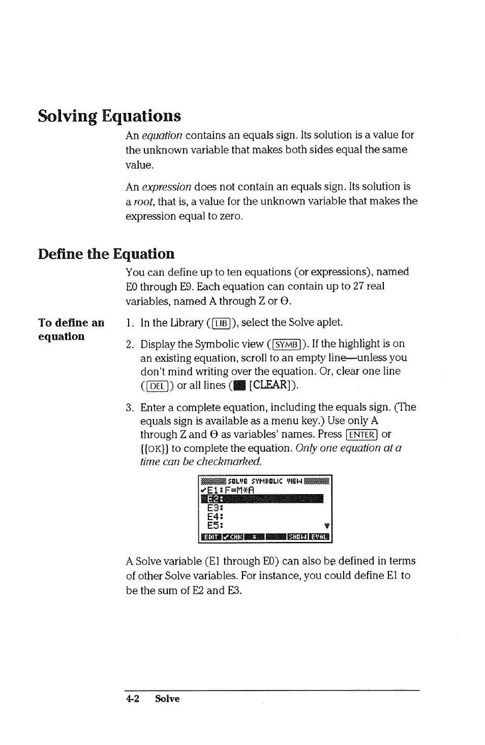 Solving equations, Define the equation, To define an equation | Solving equations -2, Define the equation -2 | HP 38g Graphing Calculator User Manual | Page 100 / 228