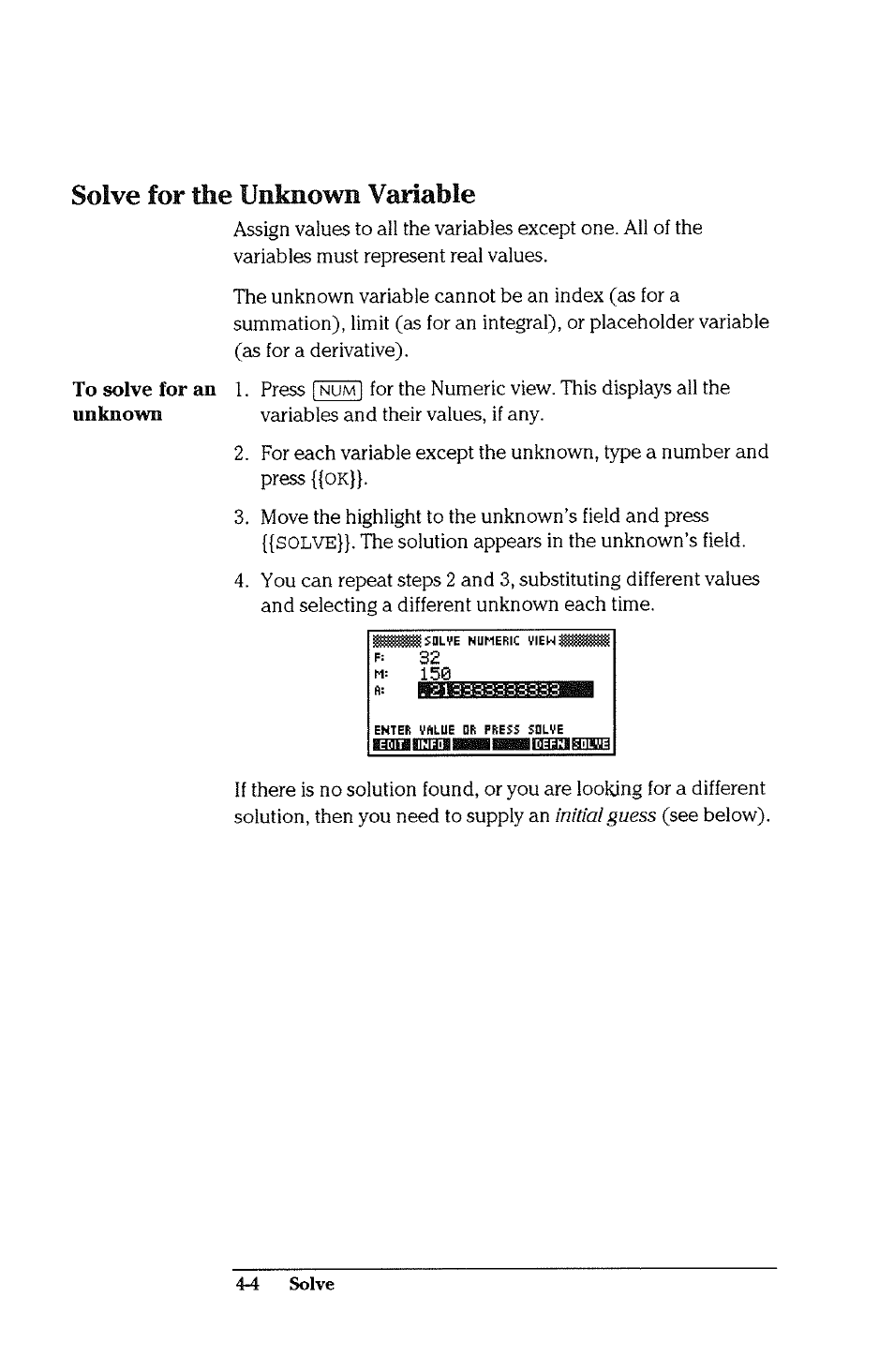 Solve for the unknown variable, Solve for the unknown variable -4 | HP 38g Graphing Calculator User Manual | Page 102 / 228
