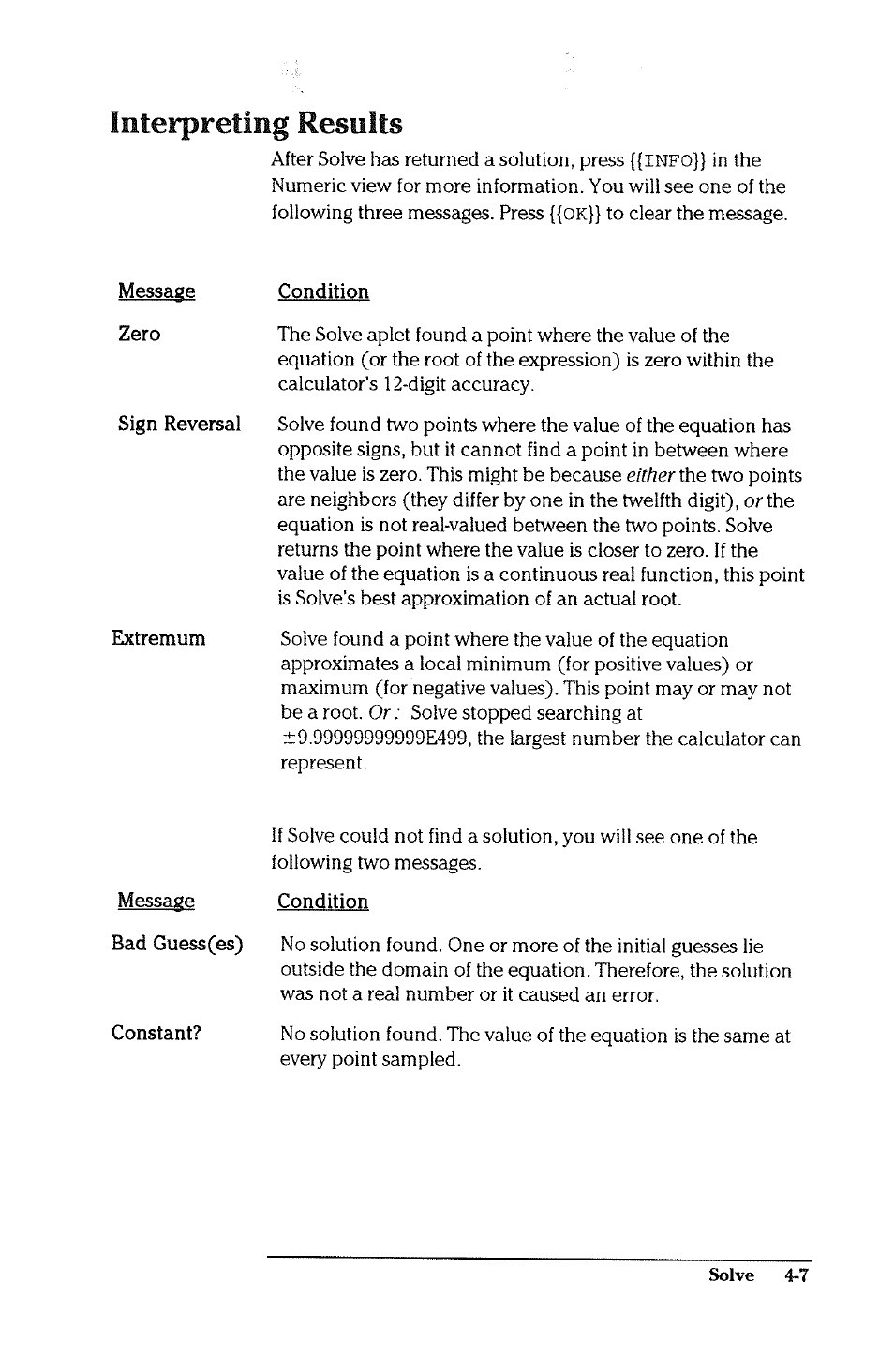 Interpreting results, Messcige condition, Message condition | Interpreting results -7 | HP 38g Graphing Calculator User Manual | Page 105 / 228