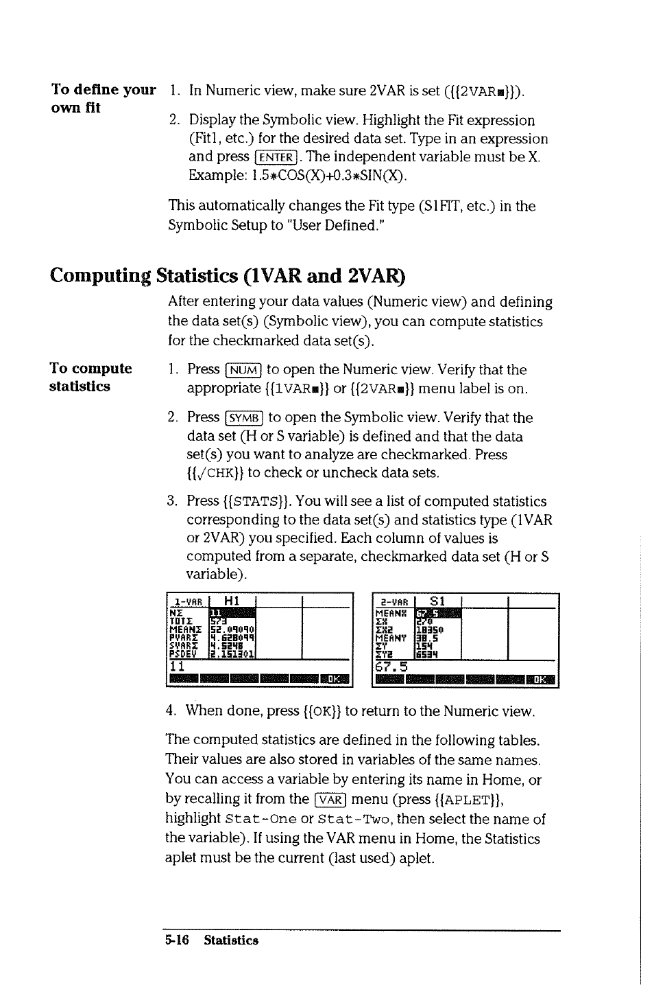 Computing statistics (ivar and 2var), Computing statistics (ivar and 2var) -16, Ihiai | Symb | HP 38g Graphing Calculator User Manual | Page 122 / 228