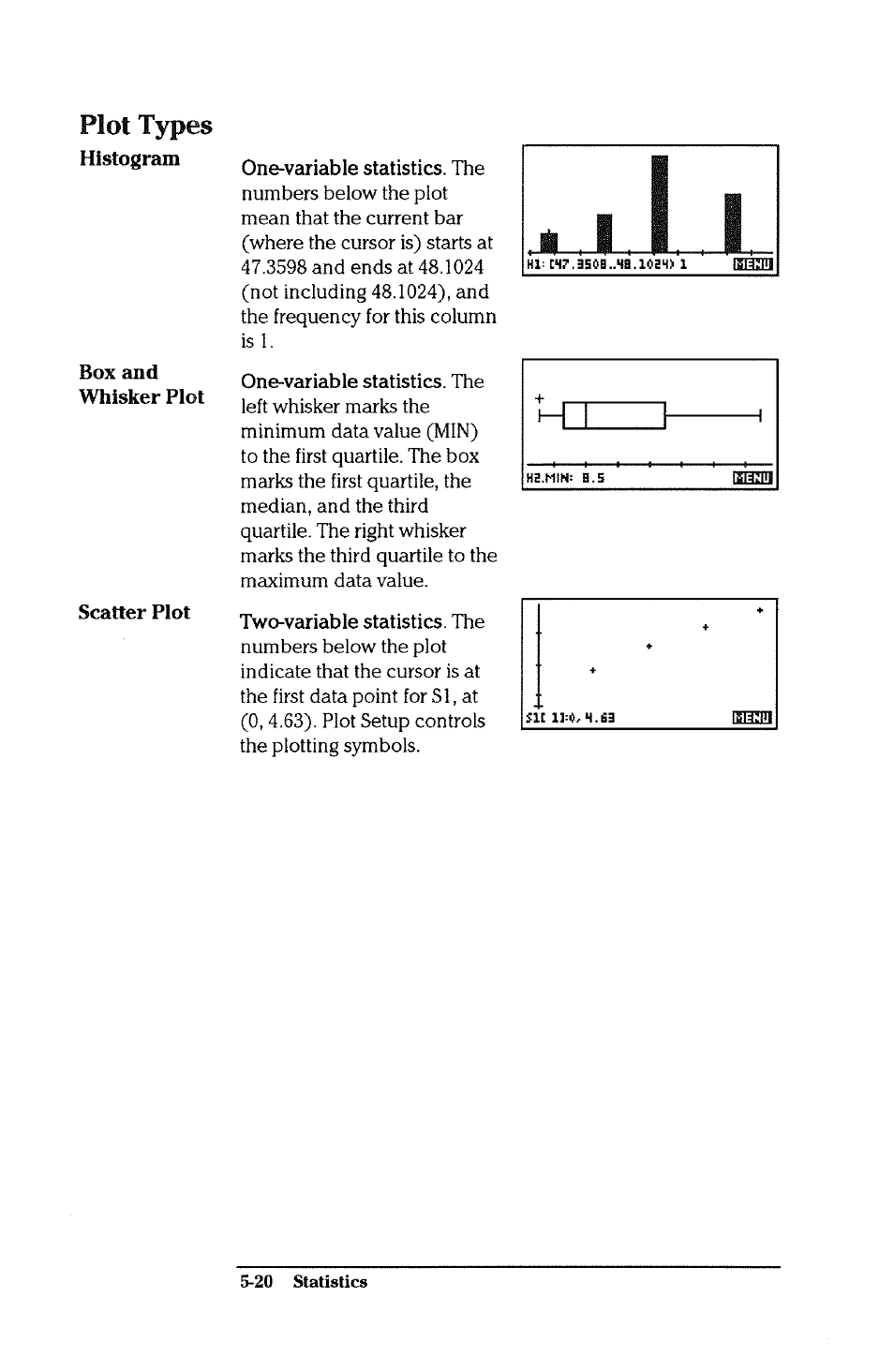 One-variable statistics. the, Two-variable statistics. the, Plot types | HP 38g Graphing Calculator User Manual | Page 126 / 228