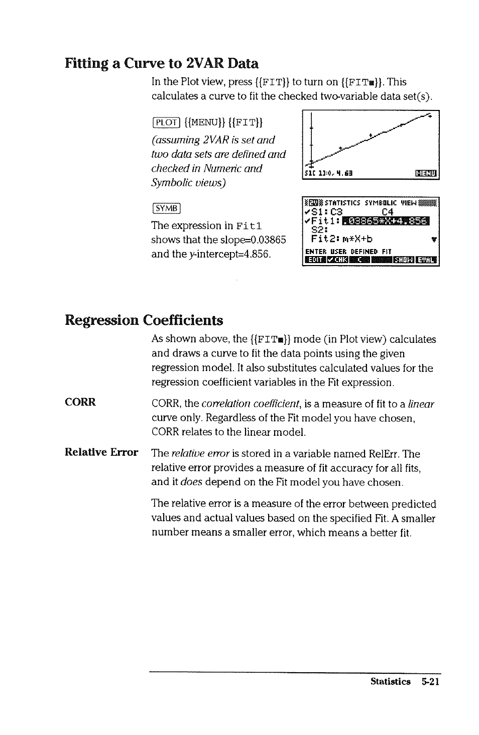 Fitting a curve to 2var data, Regression coefficients | HP 38g Graphing Calculator User Manual | Page 127 / 228