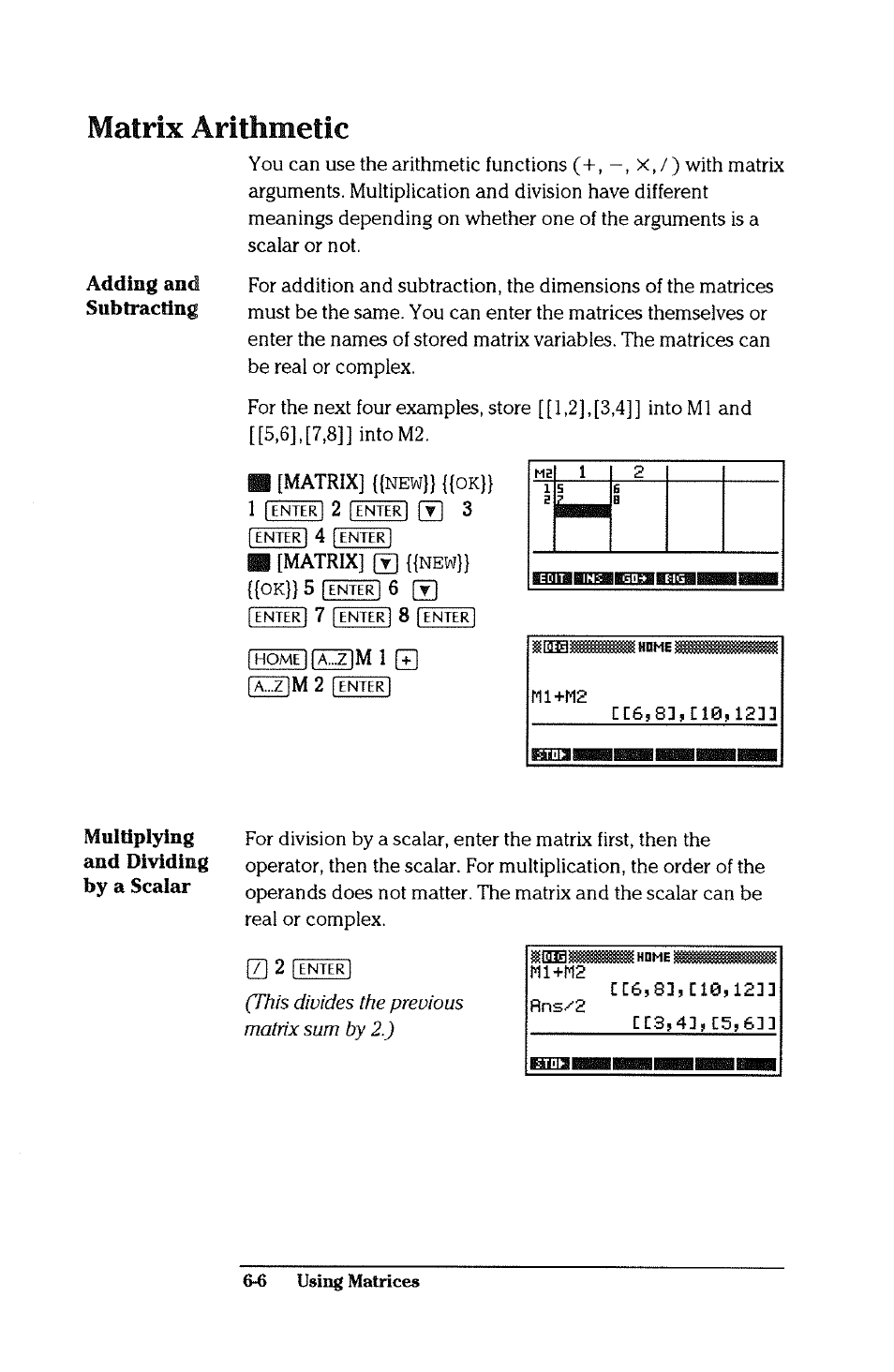 Matrix arithmetic, Matrix arithmetic -6 | HP 38g Graphing Calculator User Manual | Page 136 / 228