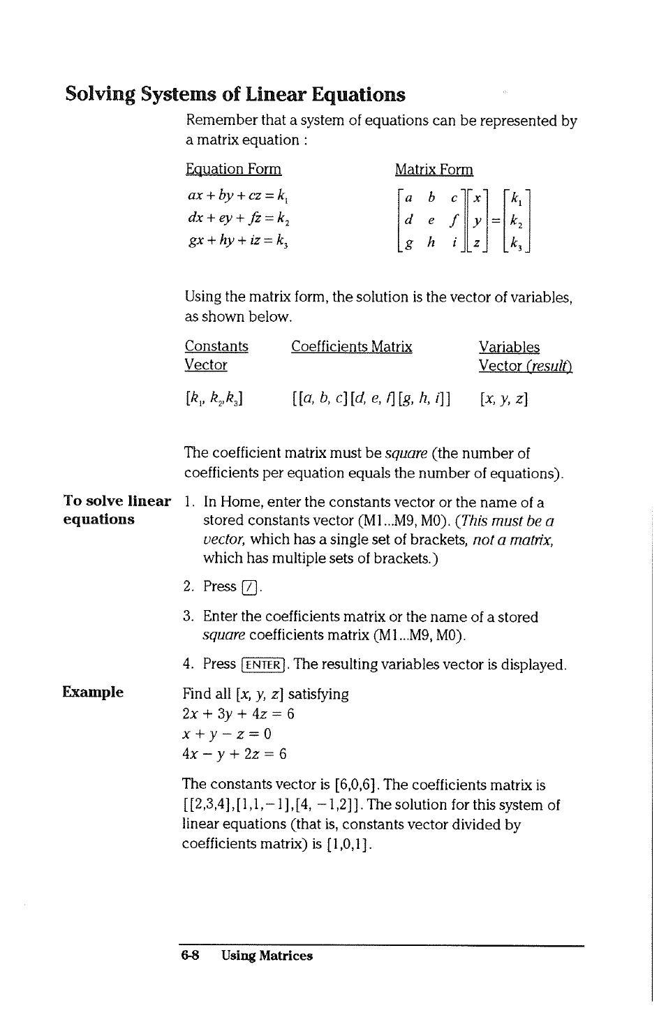 Solving systems of linear equations, Solving systems of linear equations -8 | HP 38g Graphing Calculator User Manual | Page 138 / 228