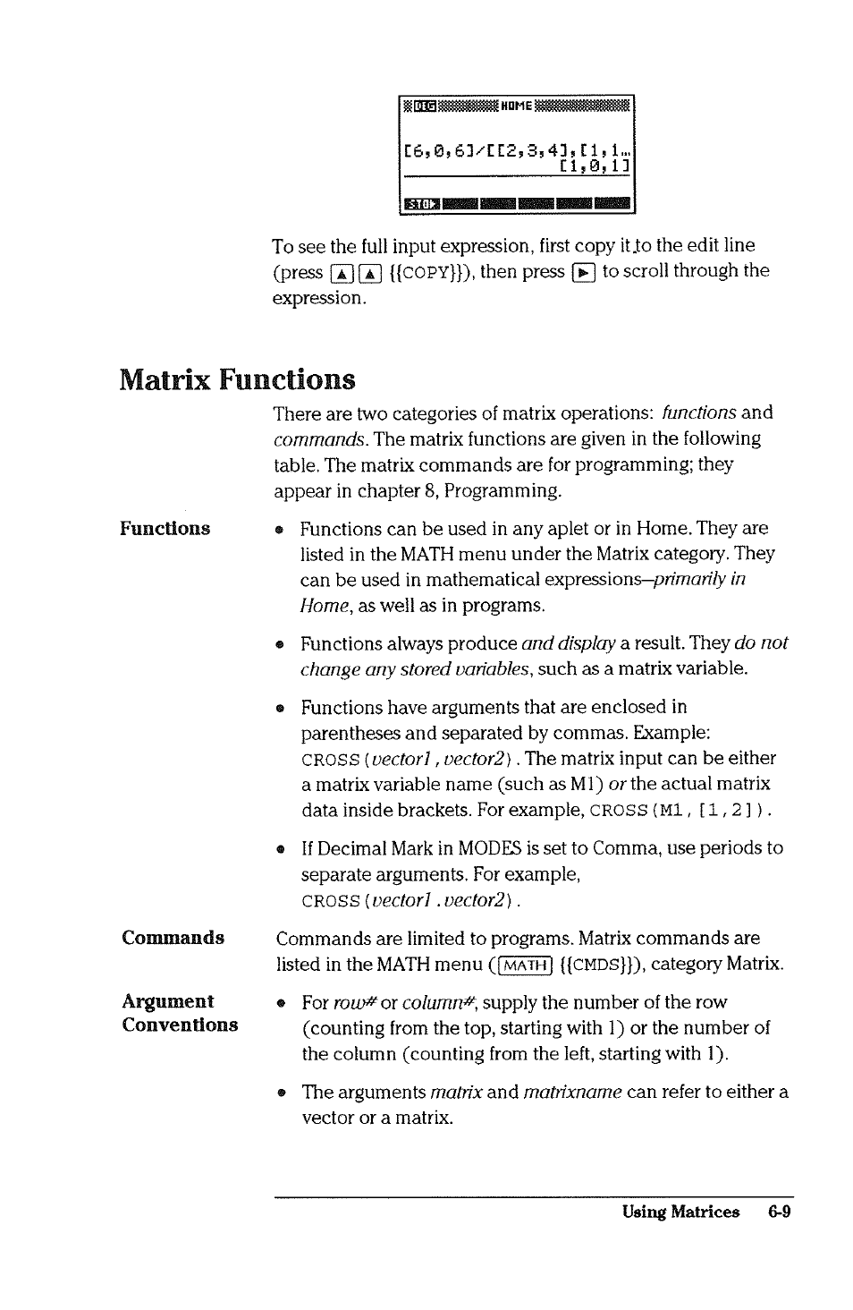 Matrix functions, Matrix functions -9 | HP 38g Graphing Calculator User Manual | Page 139 / 228