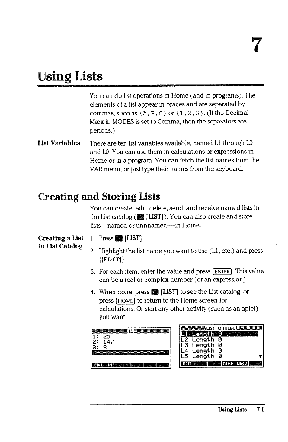 Using lists, Creating and storing lists, Creating and storing lists -1 | HP 38g Graphing Calculator User Manual | Page 145 / 228