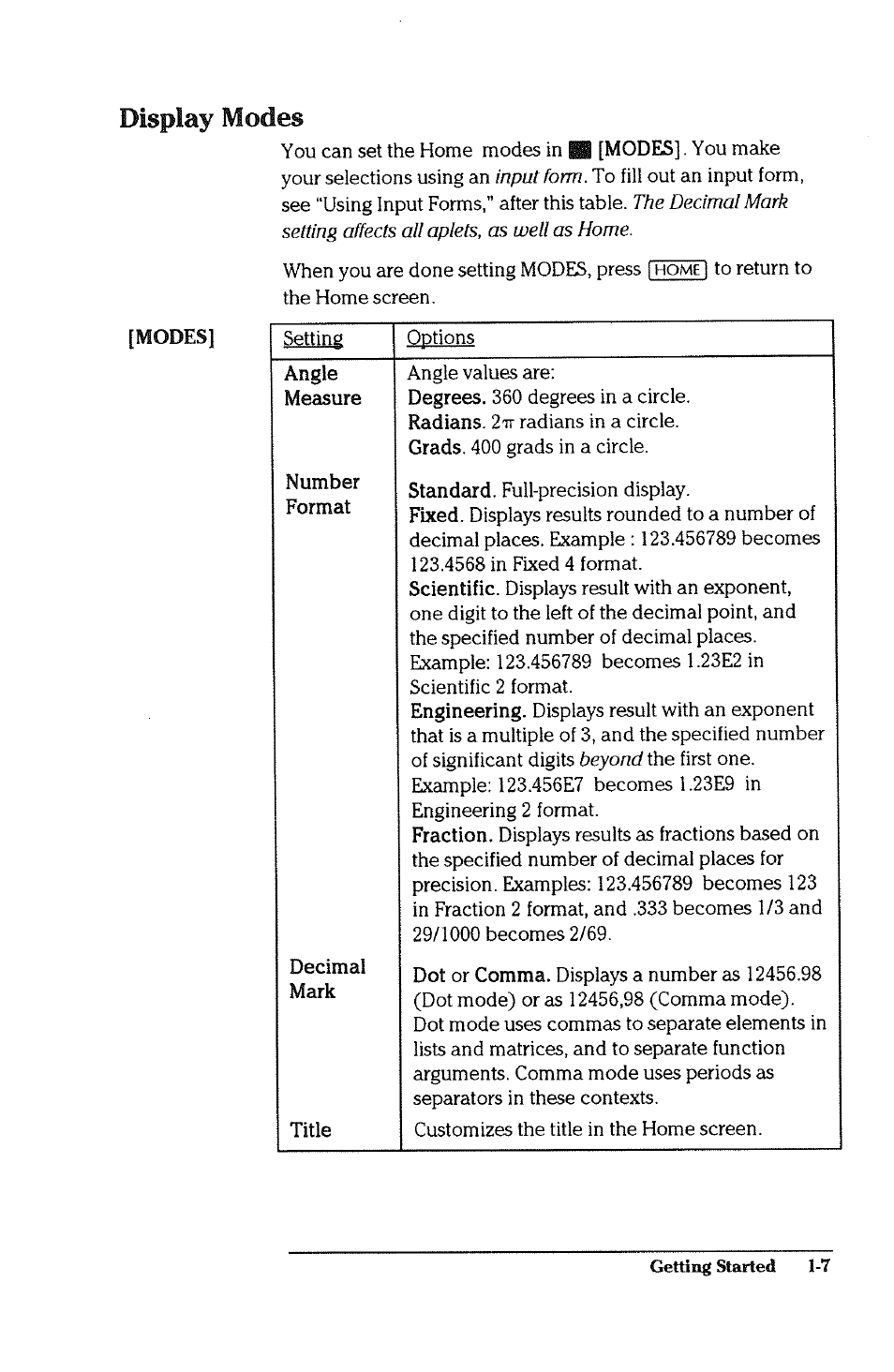 Display modes, Modes, Display modes -7 | HP 38g Graphing Calculator User Manual | Page 15 / 228