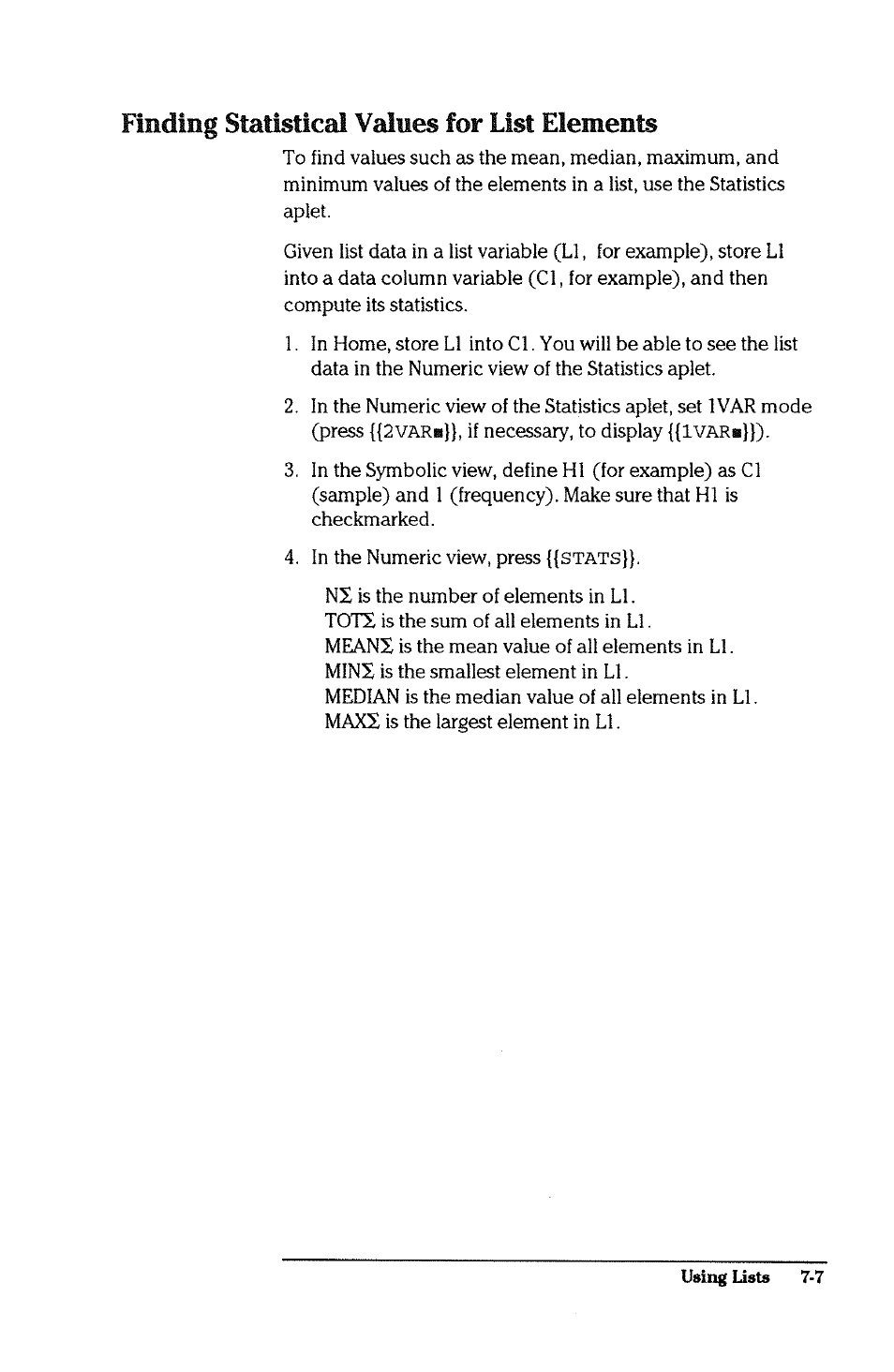 Finding statistical values for list elements, Finding statistical values for list elements -7 | HP 38g Graphing Calculator User Manual | Page 151 / 228